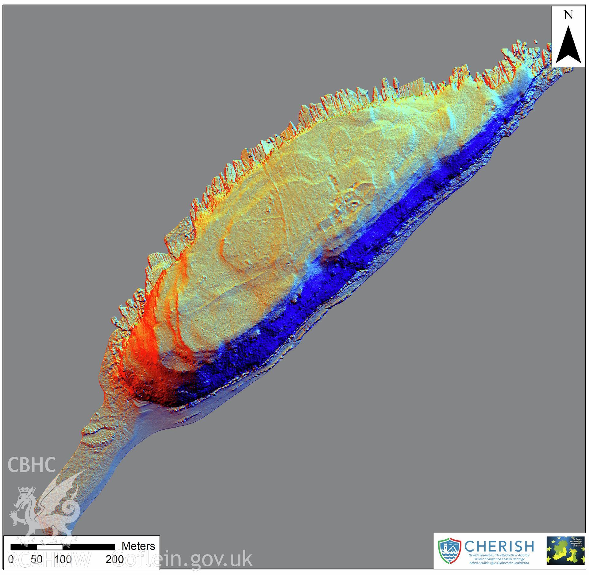 Ynys Seiriol (Puffin Island). Airborne laser scanning (LiDAR) commissioned by the CHERISH Project 2017-2021, flown by Bluesky International LTD at low tide on 24th February 2017. Digital Terrain Model (DTM) showing whole of the island with multi hill shading.