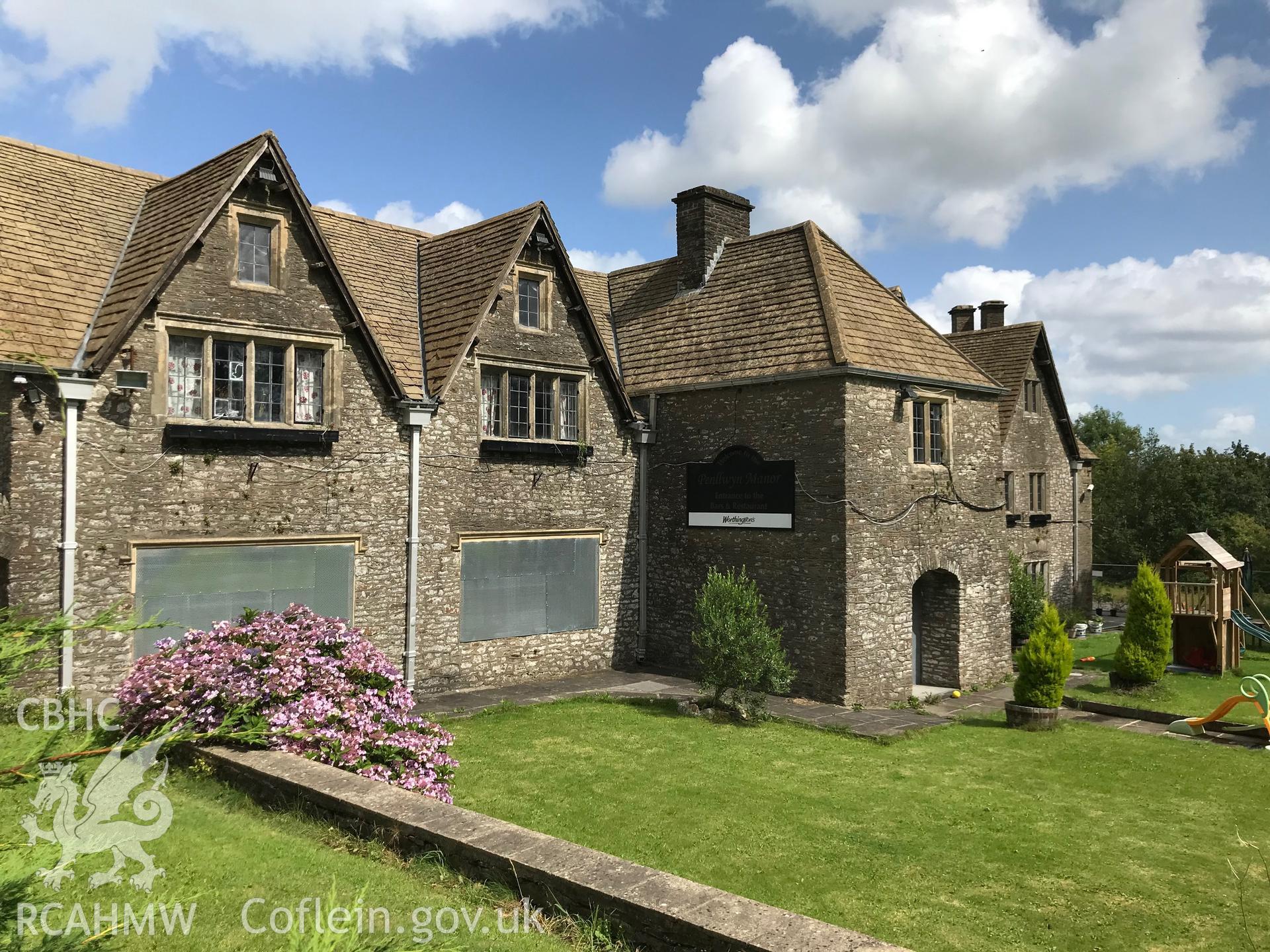 Digital colour photograph showing exterior view of Penllwyn Manor House, Pontllanfraith, taken by Paul R. Davis on 17th August 2019.