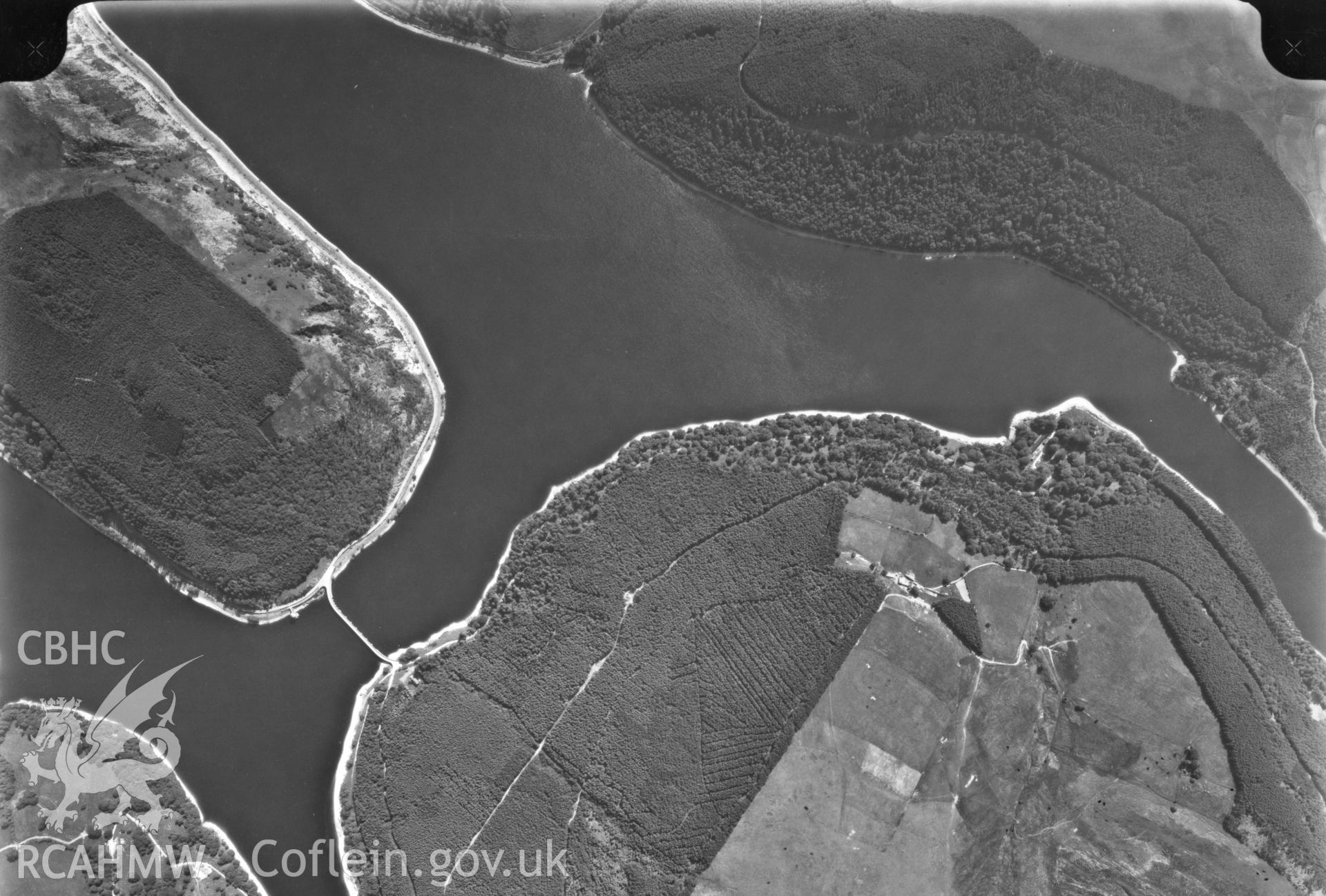 Aerial photograph of the Elan Valley, dated 1987. Included in material relating to Archaeological Desk Based Assessment of Afon Claerwen, Elan Valley, Rhayader, Powys. Assessment conducted by Archaeology Wales in 2018. Report no. 1681. Project no. 2573.