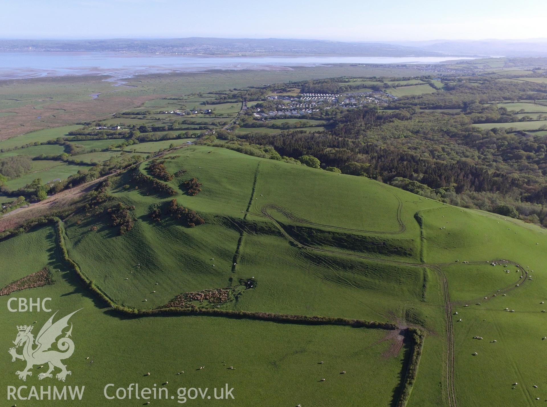 Colour photo showing aerial view of Cil Ifor top promontory fort, taken by Paul R. Davis, 13th May 2018.