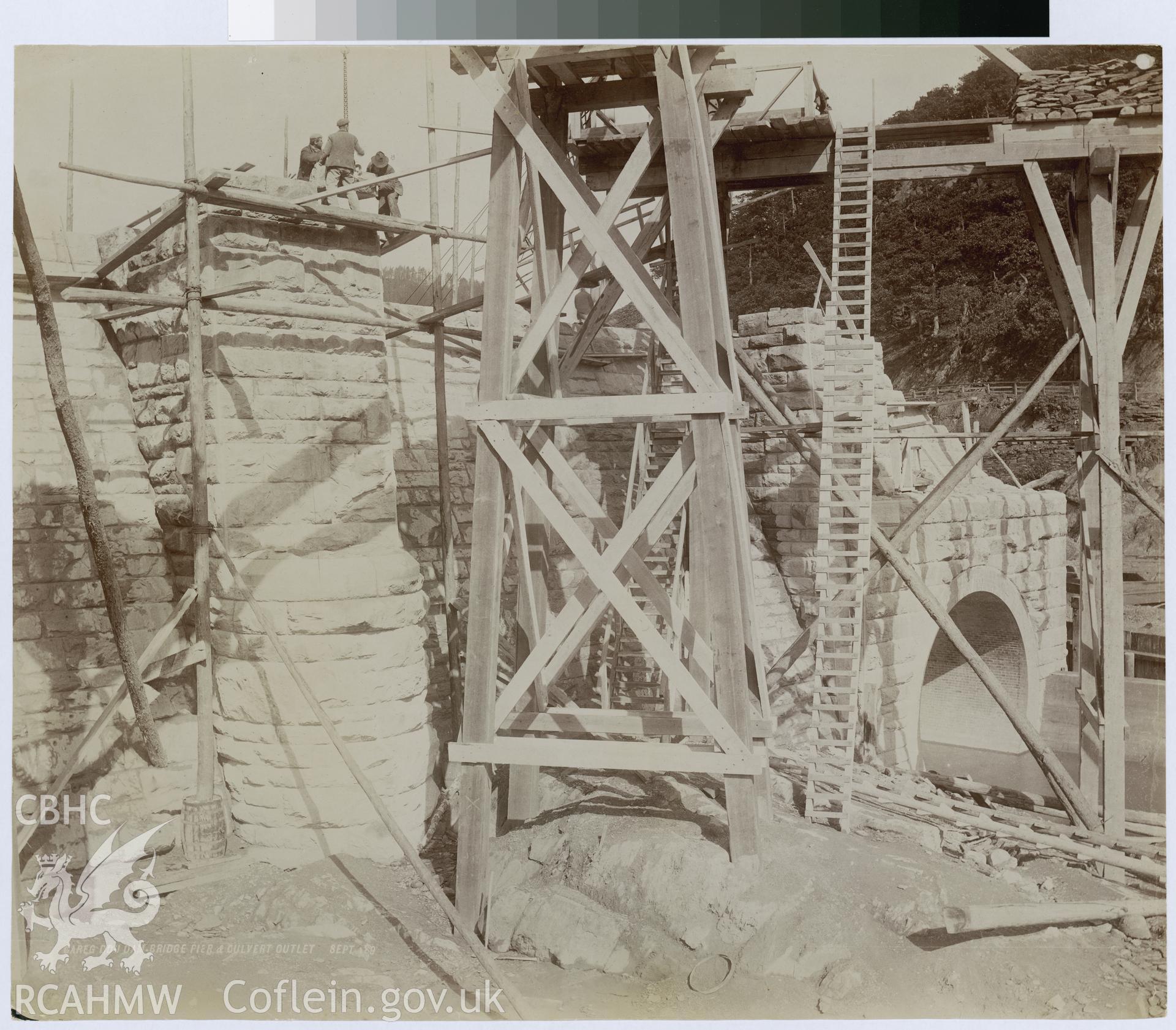 Digital copy of an albumen print from Edward Hubbard Collection showing the Garreg Ddu Dam, Bridge Pier and culvert outlet, taken September 1898.