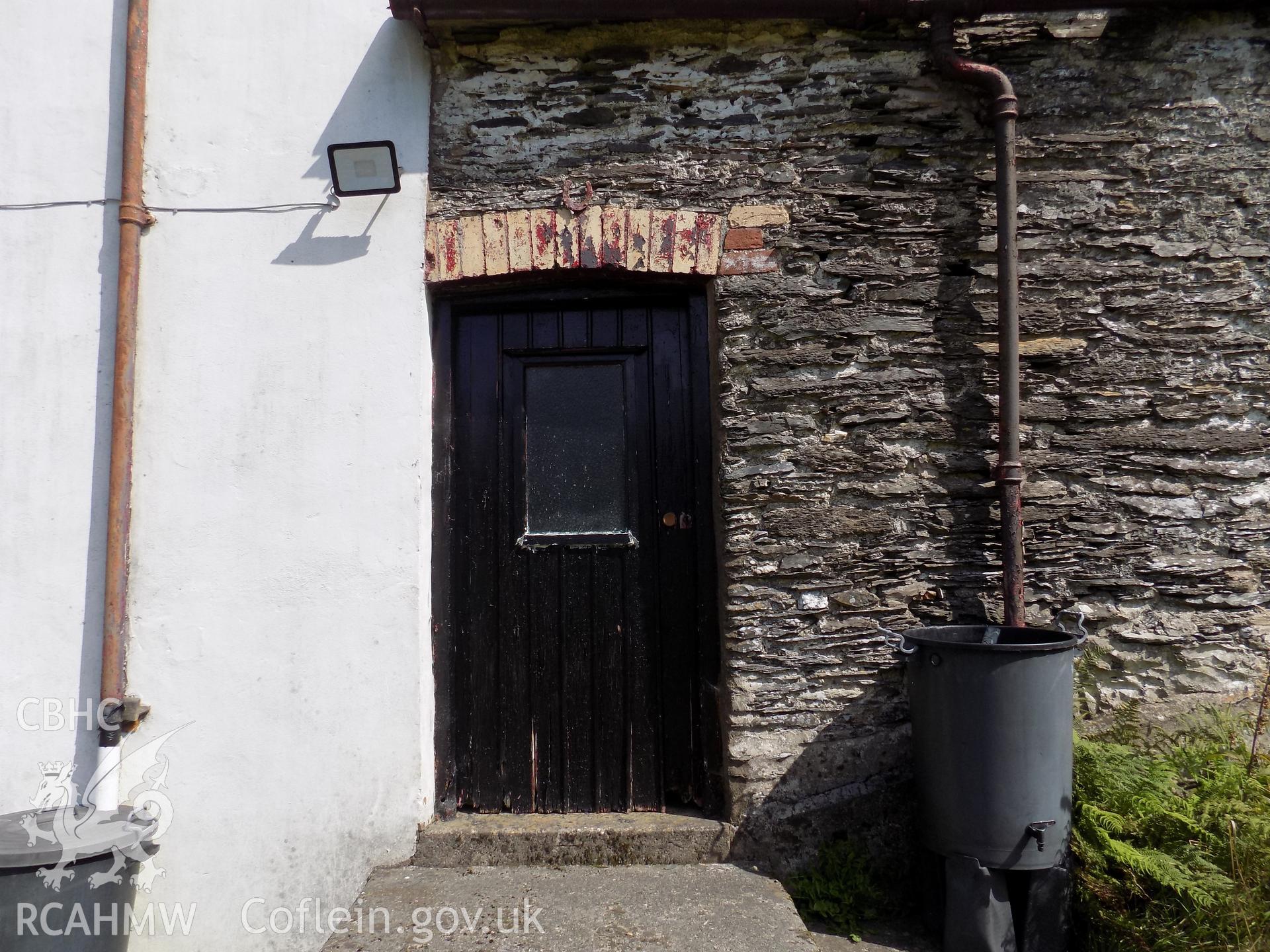 Digital colour photograph showing detailed view of rear entrance to Tywyll Nodwydd, Pennal, dated 2019. Photographed by Mr Gary Coulsby to meet a condition attached to a planning application.
