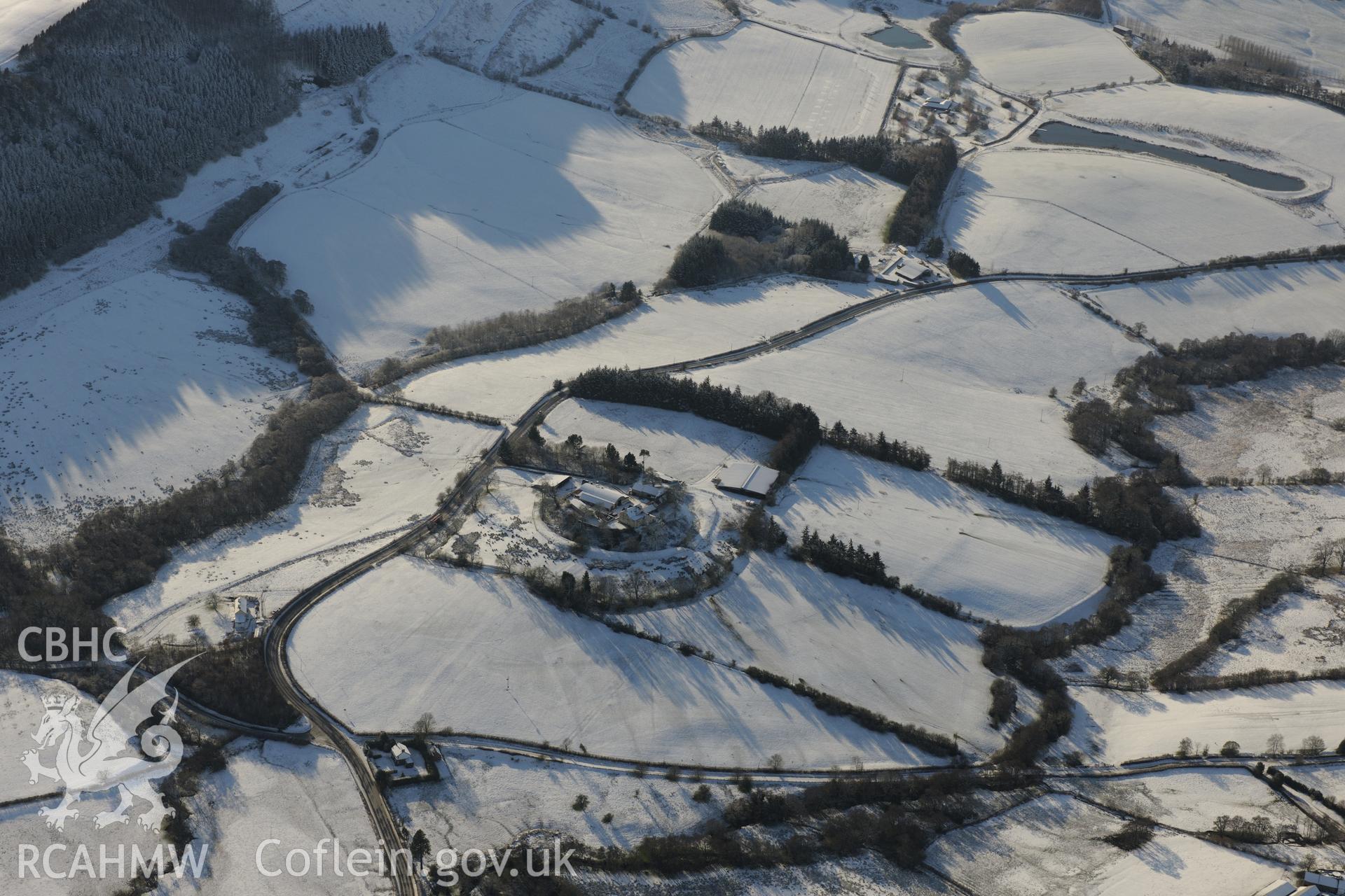 Colwyn Castle, the Roman fort at Colwyn Castle and Fforest farm, Glascwm, north east of Builth Wells. Oblique aerial photograph taken during the Royal Commission?s programme of archaeological aerial reconnaissance by Toby Driver on 15th January 2013.