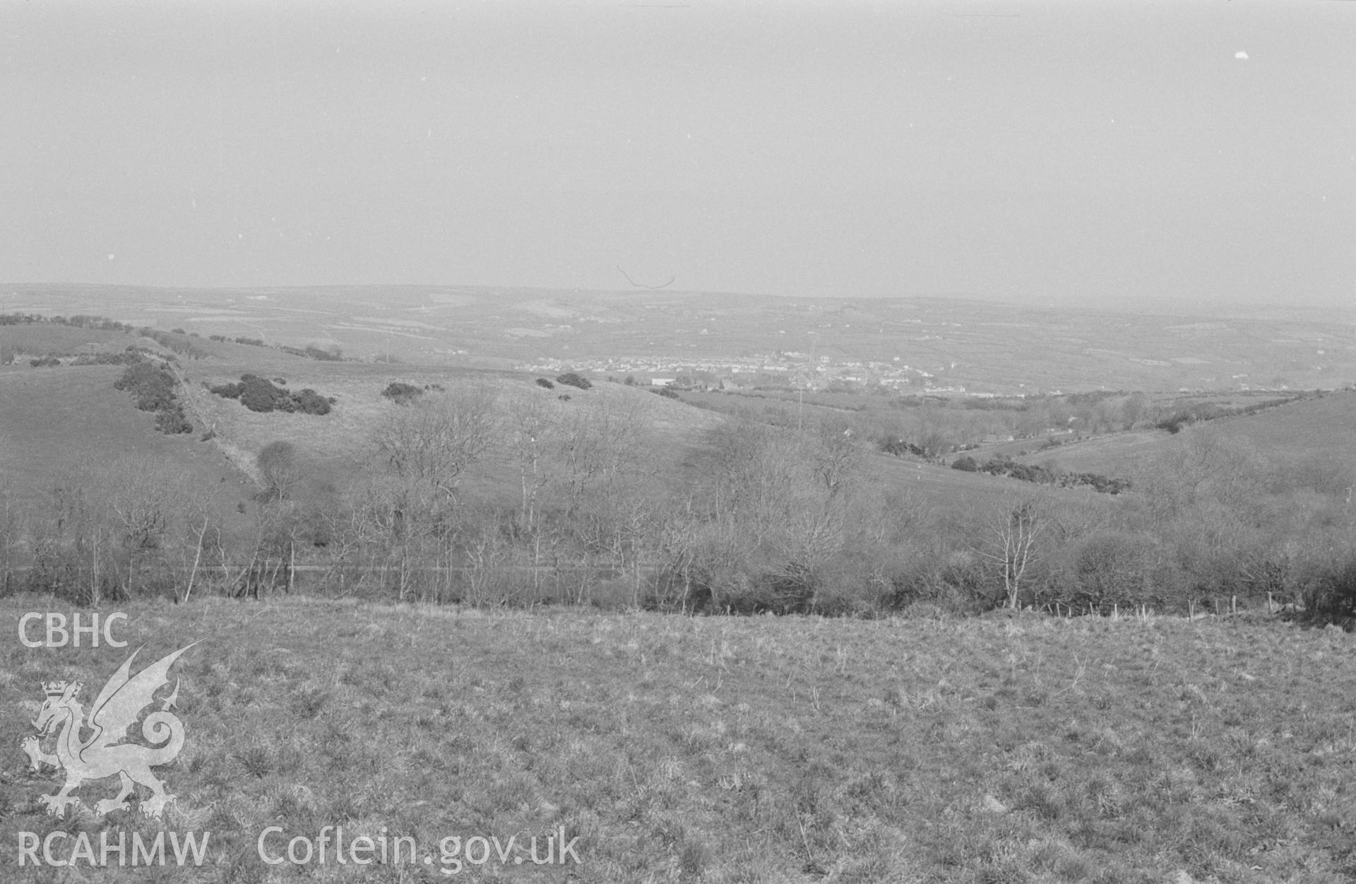 Digital copy of a black and white negative showing distant view of Cardigan. Photographed by Arthur O. Chater in April 1968.