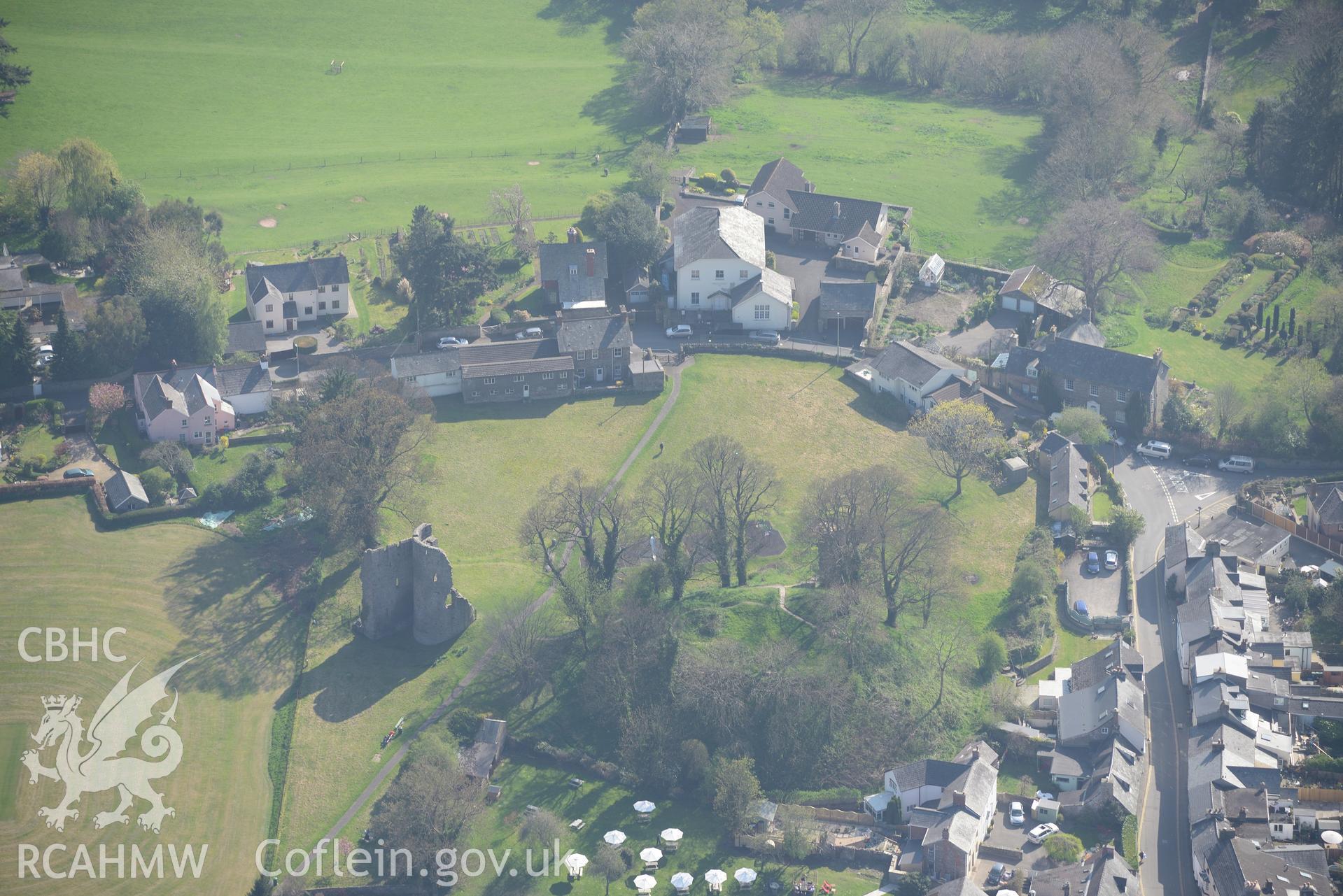Crickhowell, including castle; Methodist church; Bwthyn-y-Castell and Dan-y-Castell House. Oblique aerial photograph taken during the Royal Commission's programme of archaeological aerial reconnaissance by Toby Driver on 21st April 2015