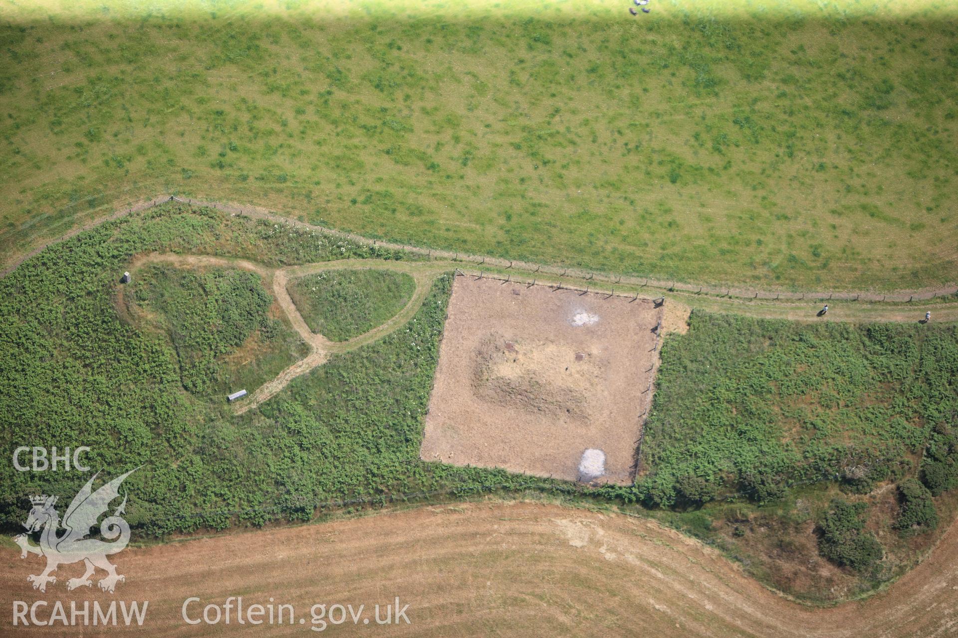 Crugiau Cemmaes barrows, south west of Cardigan. Oblique aerial photograph taken during the Royal Commission?s programme of archaeological aerial reconnaissance by Toby Driver on 12th July 2013.