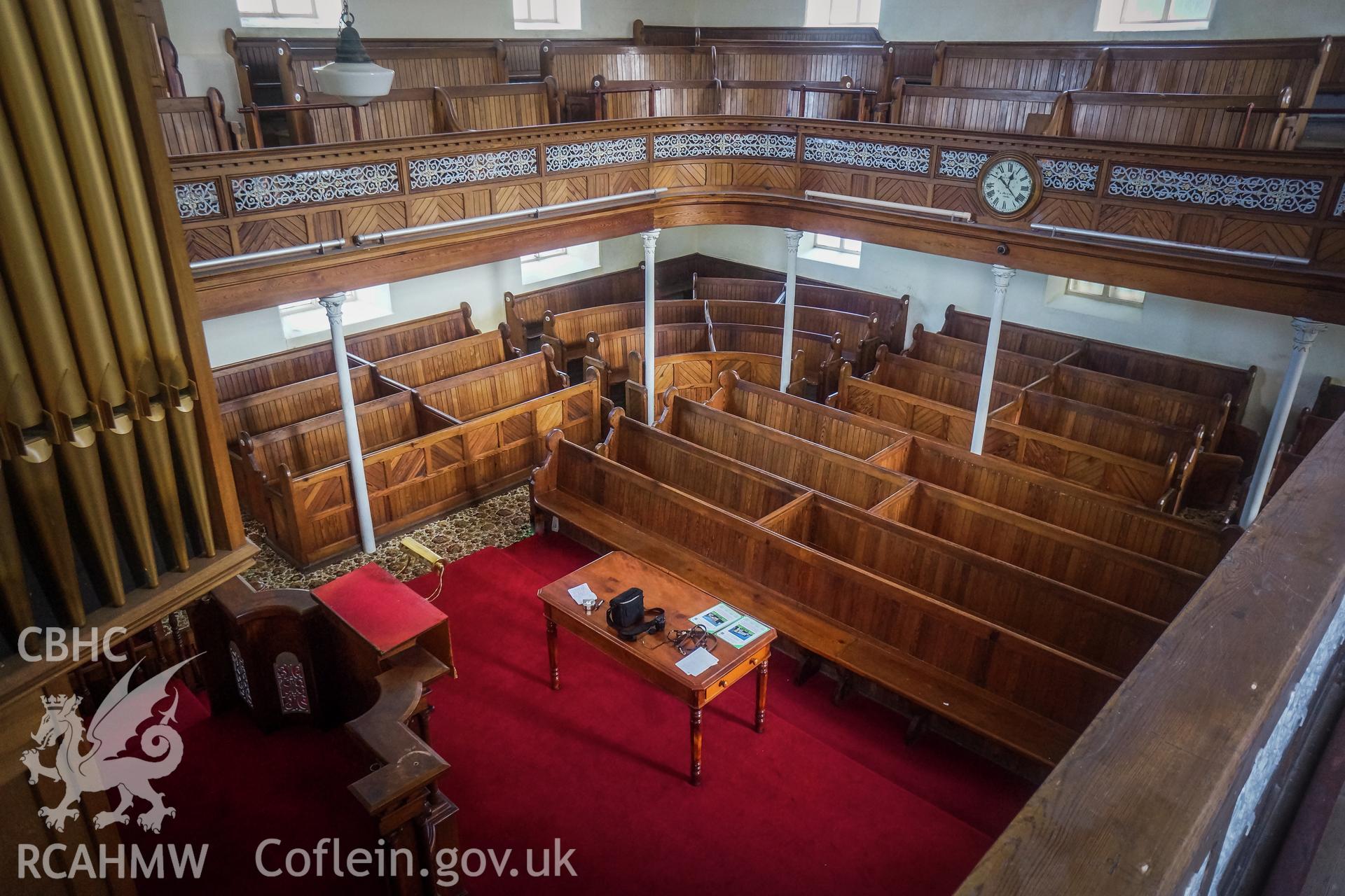 Digital colour photograph showing view of the ground floor from the front of the first floor gallery at Pentower Chapel, Fishguard, dated 2019. Photographed by Grace Elliott to meet a condition attached to a planning application.