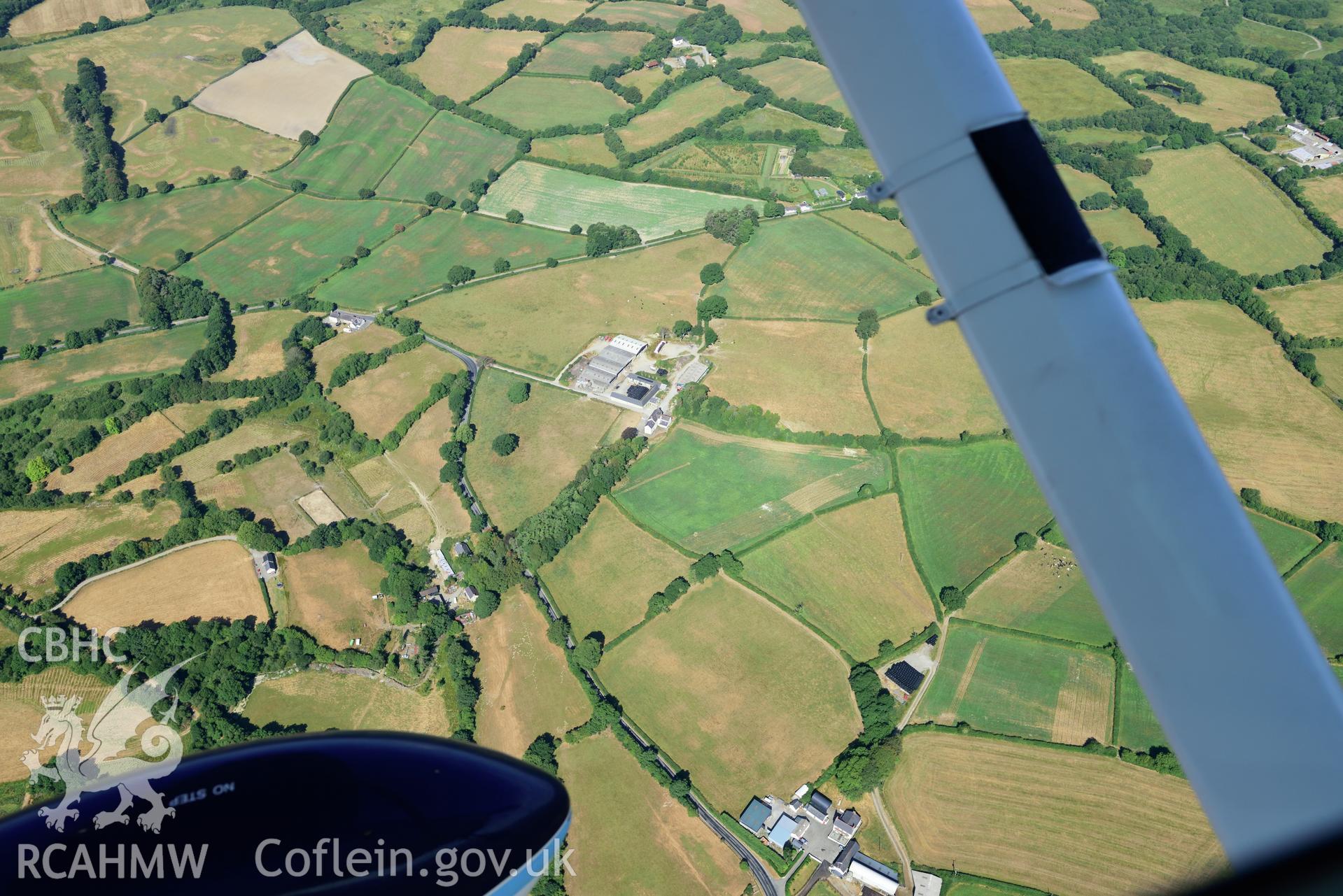 Royal Commission aerial photography of Llanio Fawr early field system taken on 19th July 2018 during the 2018 drought.