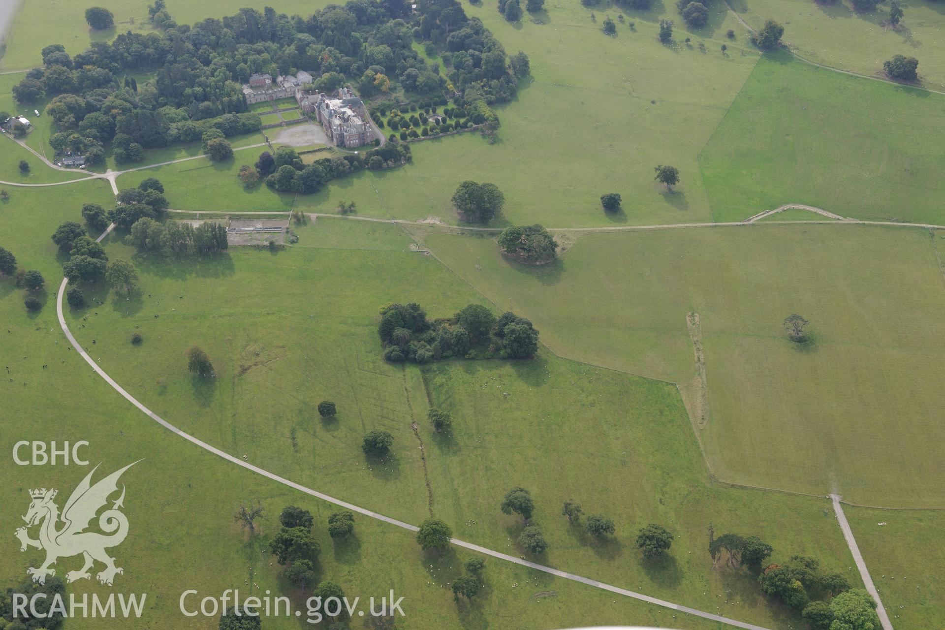 Hall, garden, Venetian garden, and First World War practise trenches, Kinmel Park, Bodelwyddan. Oblique aerial photograph taken during the Royal Commission's programme of archaeological aerial reconnaissance by Toby Driver on 11th November 2015.