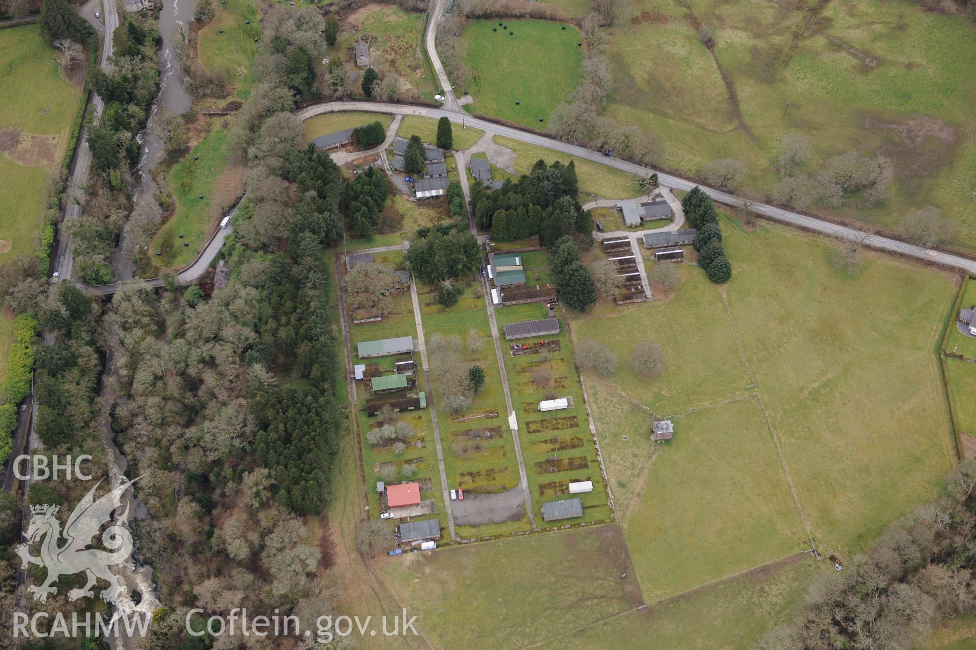 Henllan Bridge prisoner of war camp, Henllan, between Newcastle Emlyn and Llandysul. Oblique aerial photograph taken during the Royal Commission's programme of archaeological aerial reconnaissance by Toby Driver on 13th March 2015.