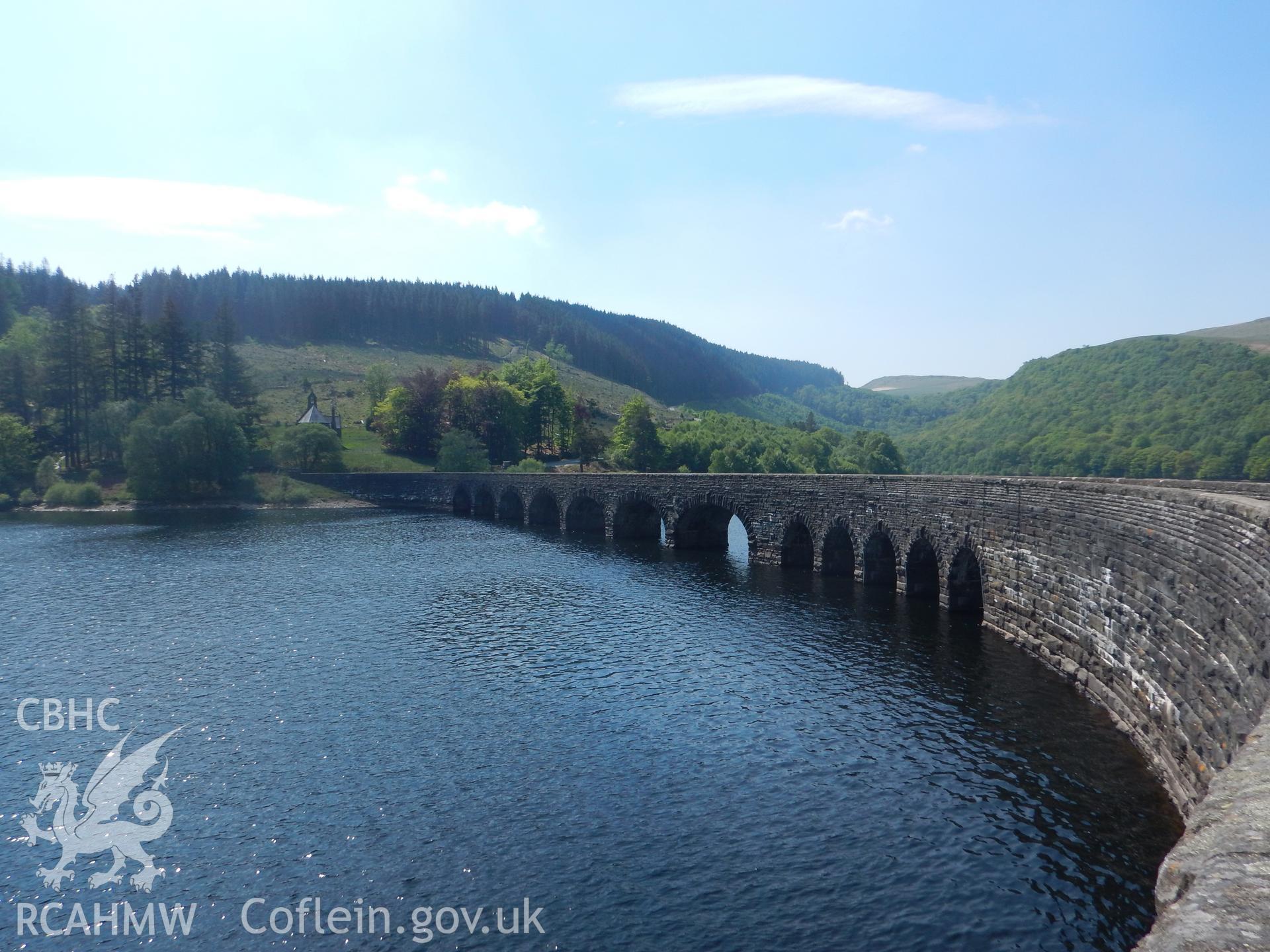 Carreg Ddu viaduct, looking west. Photographed as part of Archaeological Desk Based Assessment of Afon Claerwen, Elan Valley, Rhayader, Powys. Assessment conducted by Archaeology Wales in 2018. Report no. 1681. Project no. 2573.