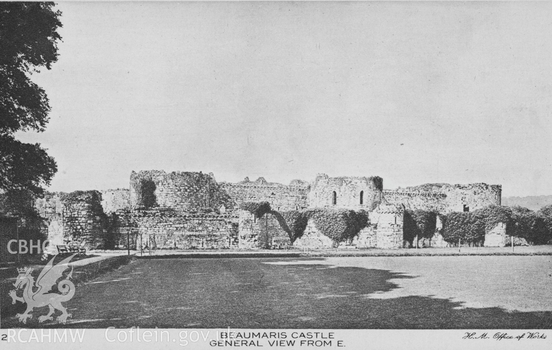 Digital copy of a postcard view of Beaumaris Castle from the east.