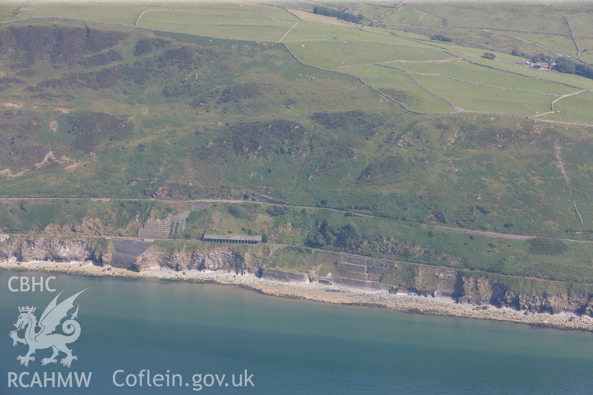 Friog Rocks avalanche shelter on the Cambrian Coast Line between Llwyngwril and Fairbourne. Oblique aerial photograph taken during the Royal Commission?s programme of archaeological aerial reconnaissance by Toby Driver on 12th July 2013.