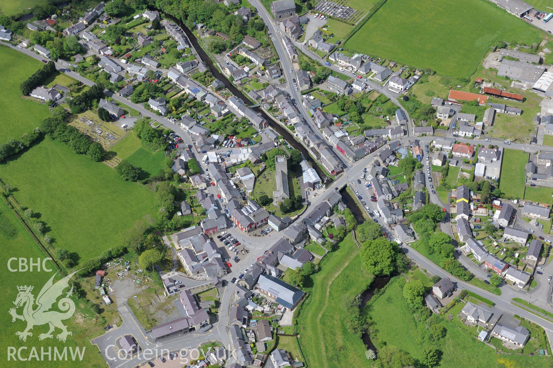 St Caron's Church and Tregaron Bridge, Tregaron. Oblique aerial photograph taken during the Royal Commission's programme of archaeological aerial reconnaissance by Toby Driver on 3rd June 2015.