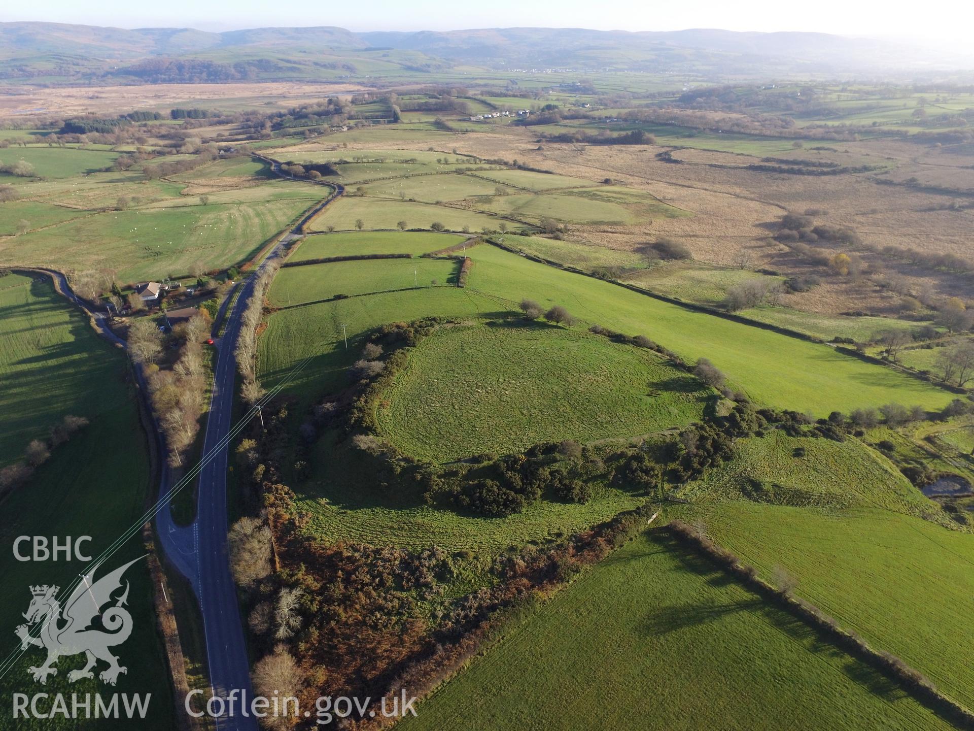 Aerial view from the north west of Castell Flemsih hillfort, Tregaron. Colour photograph taken by Paul R. Davis on 17th November 2018.
