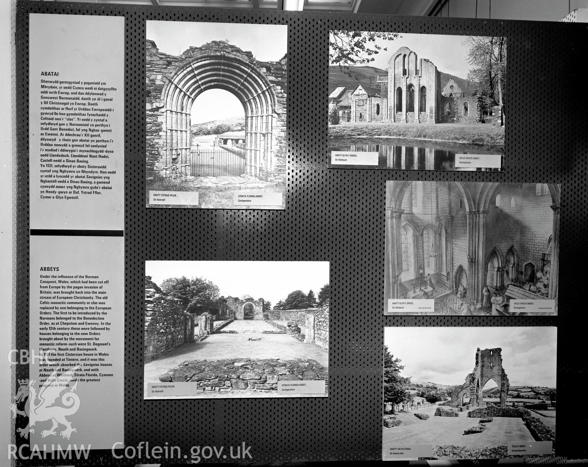 Digital copy of a black and white negative showing Ancient Monuments Exhibition, Welsh Tourer, Vivian Art Gallery, Swansea. From Cadw Monuments in Care Collection.