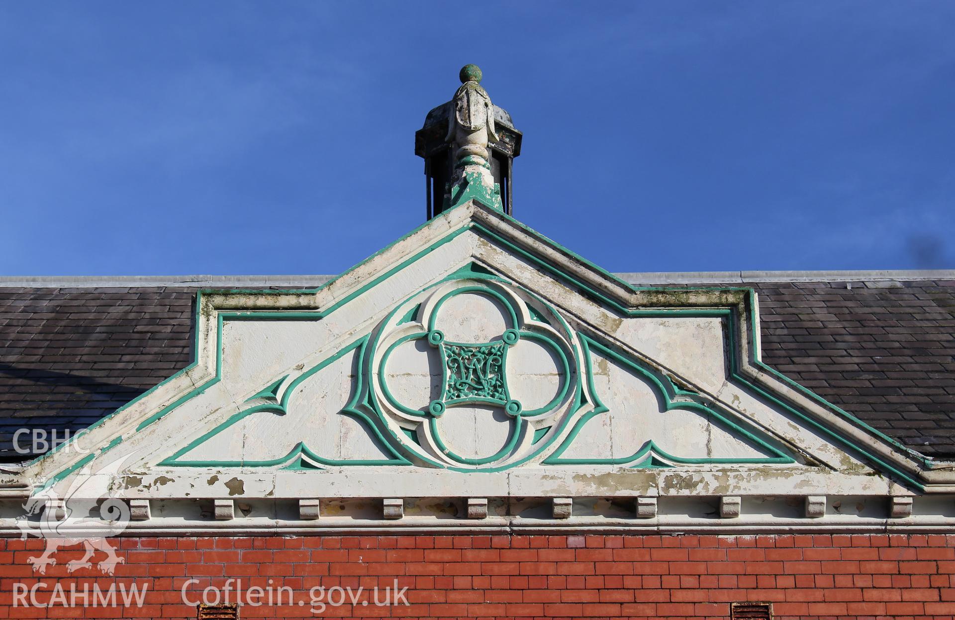 Detailed view of decoration on front elevation of the Railway Institute, Bangor. Photographed during survey conducted by Sue Fielding for the RCAHMW on 4th April 2016.