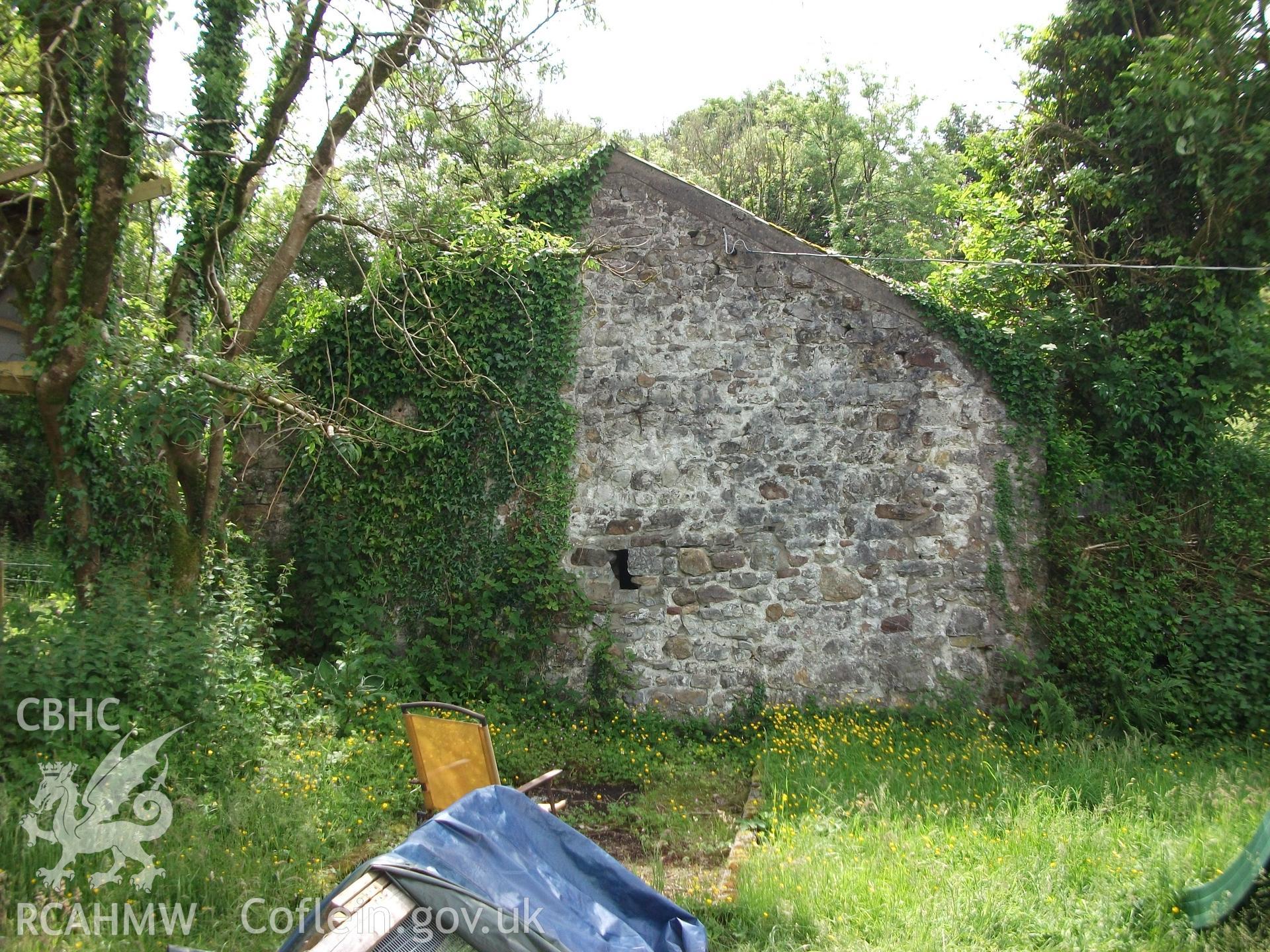 Photograph showing exterior side elevation of 'ale and pail barn,' at Pant-y-Castell, Maesybont, Photographed by Mark Waghorn to meet a condition attached to planning application.