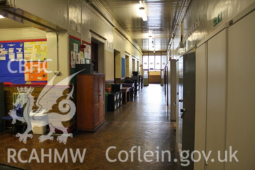 Digital colour photograph of the upper corridor at Aberdare Girls Upper Comprehensive School, dated 14th July 2014. Included in material associated with a building recording conducted by Archaeology Wales, February 2018.
