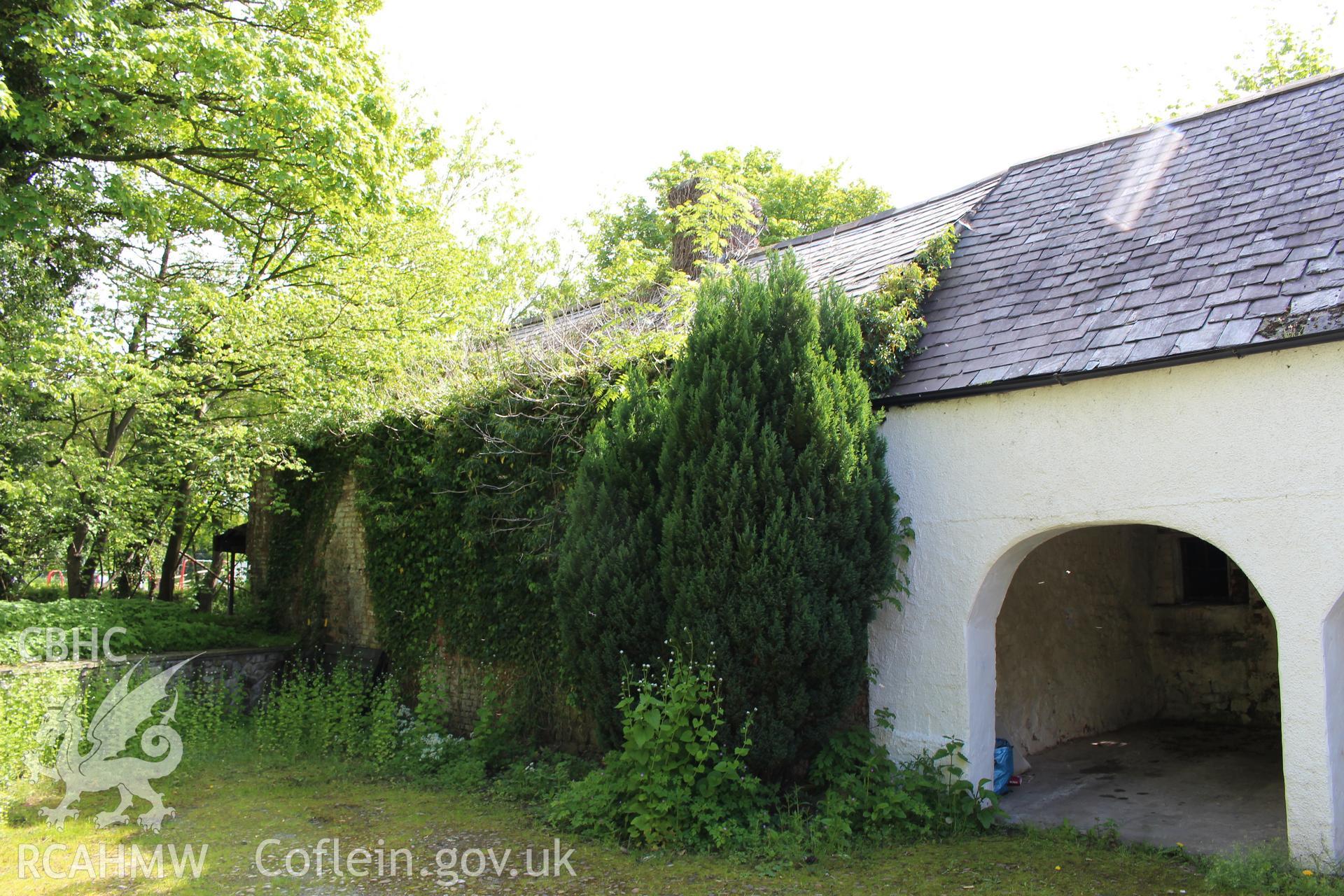 Colour photograph showing exterior view of outbuildings at rear of 5-7 Mwrog Street, Ruthin. Photographed during survey conducted by Geoff Ward on 14th May 2014.
