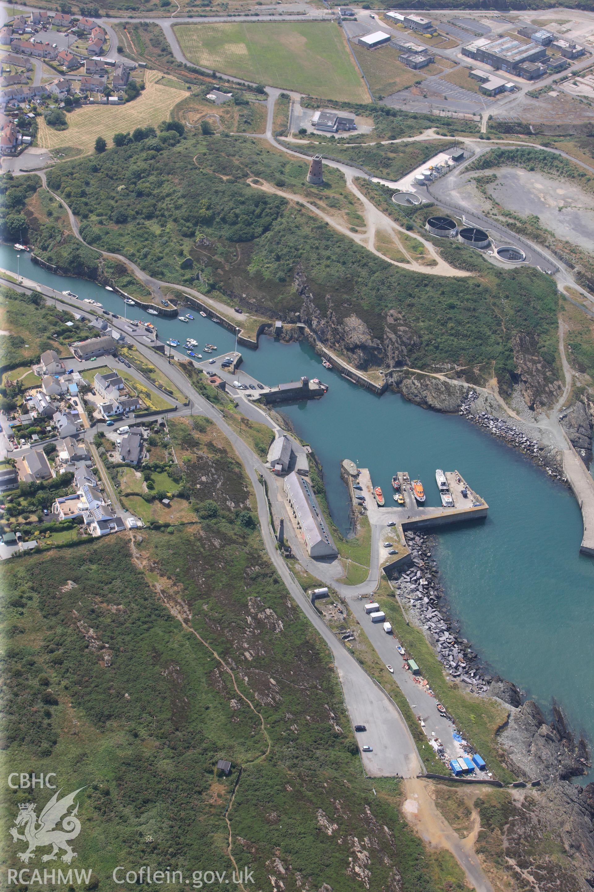 Amlwch harbour, Anglesey. Oblique aerial photograph taken during the Royal Commission?s programme of archaeological aerial reconnaissance by Toby Driver on 12th July 2013.