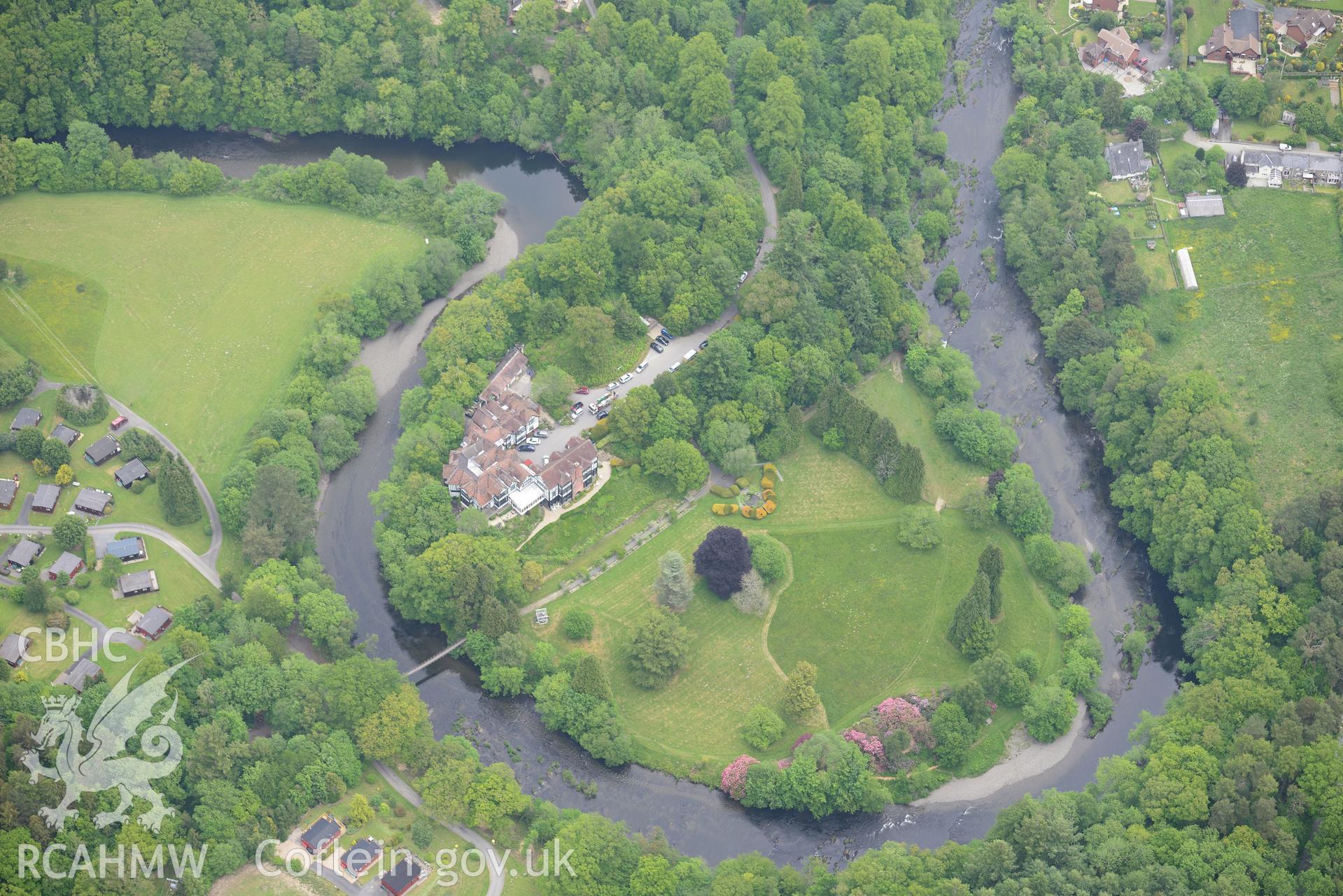 Caerberis mansion and garden, plus Caer Beris motte, near Cilmery. Oblique aerial photograph taken during the Royal Commission's programme of archaeological aerial reconnaissance by Toby Driver on 11th June 2015.