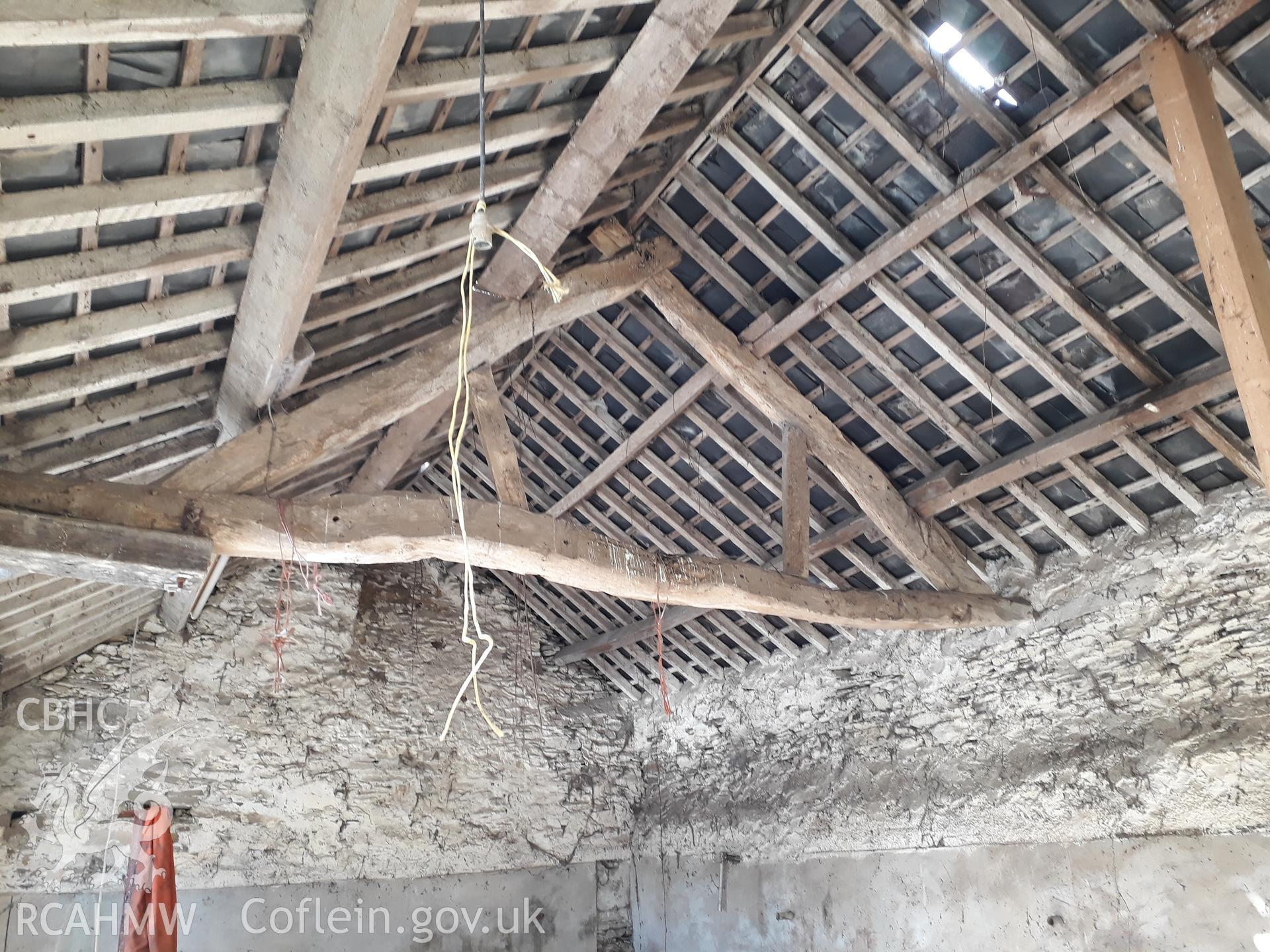 Barn interior view south-west. Photographed as part of archaeological building recording conducted at Bryn Ysguboriau, Llanelidan, Denbighshire, carried out by Archaeology Wales, 2018. Project no. P2587.