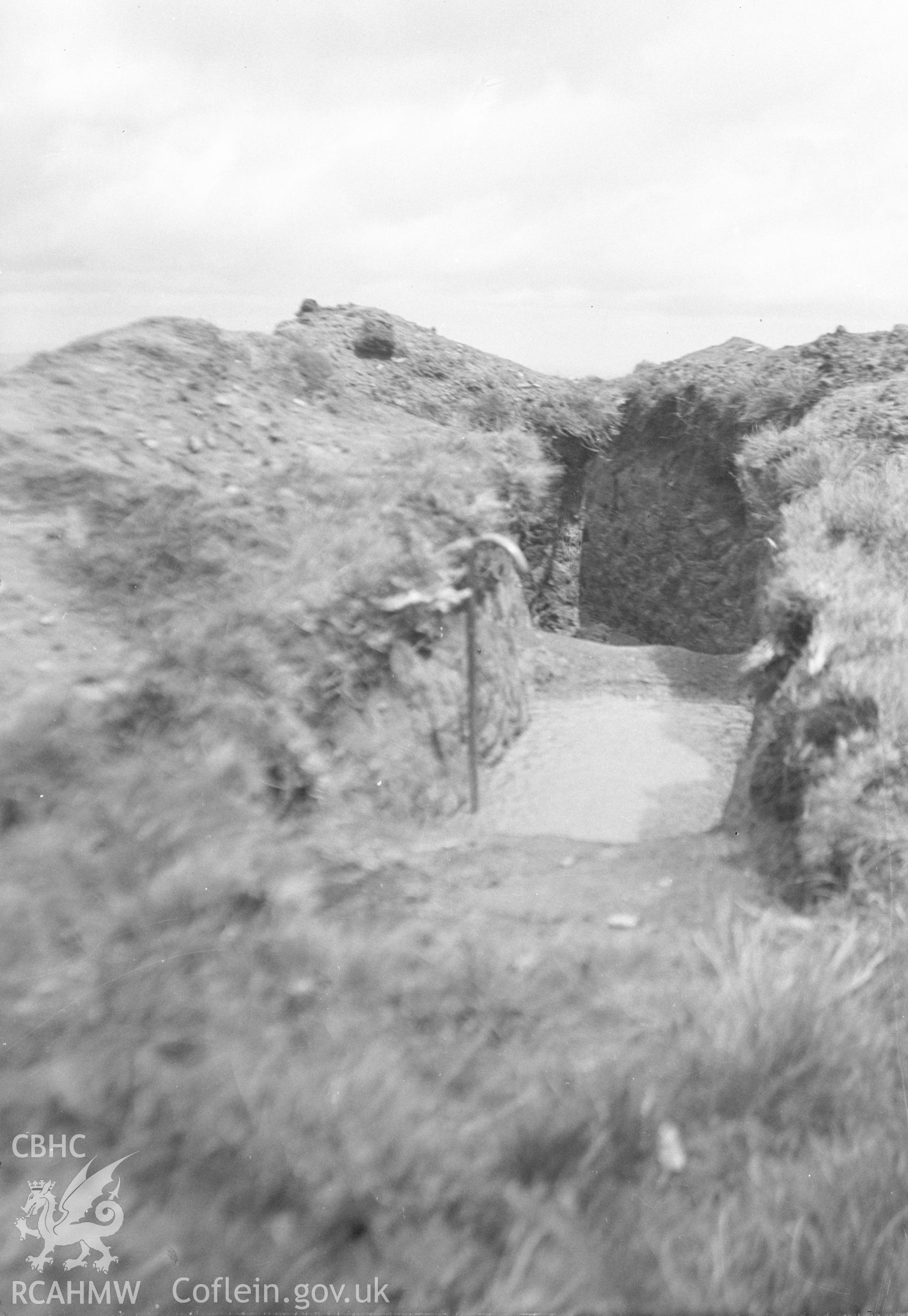 Digital copy of a nitrate negative showing Bryn-y-Fedwen barrow, Cadfarch. From the Cadw Monuments in Care Collection.