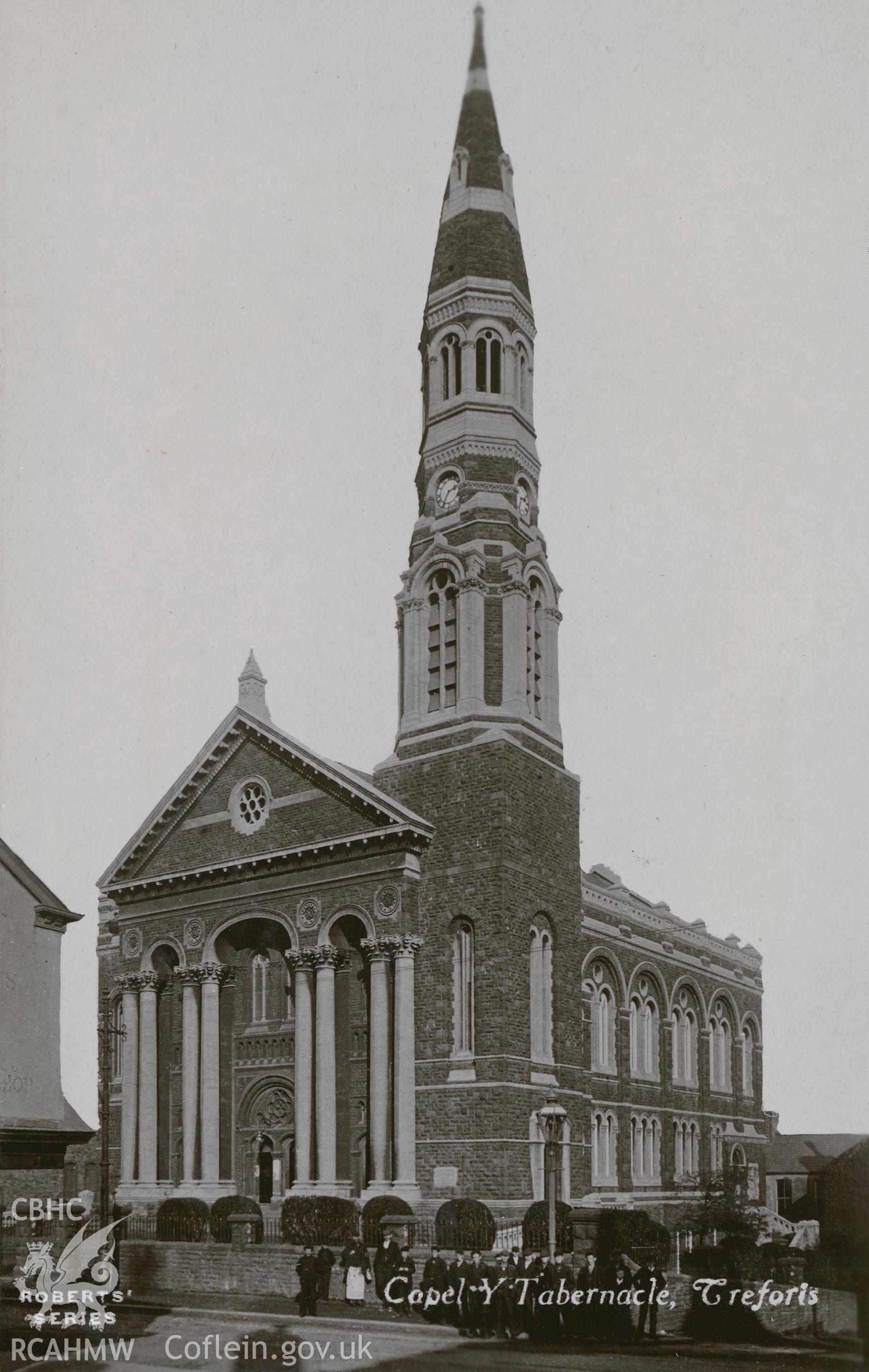 Digital copy of monochrome postcard showing exterior view of Tabernacle Welsh Independent chapel, Woodfield Street, Treforys. Postcard is part of the Roberts' Series. Loaned for copying by Thomas Lloyd.