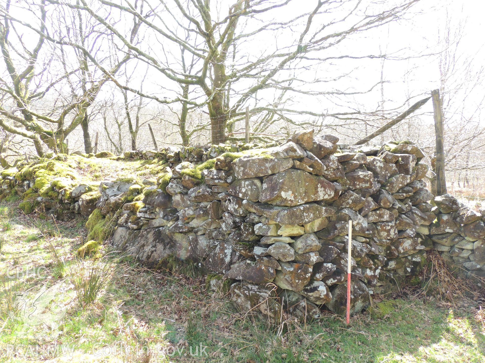 'Remains of structure, possibly sheep fold. Oblique view.' Photographed as part of desk based assessment and heritage impact assessment of a hydro scheme on the Afon Croesor, Brondanw Estate, Gwynedd. Produced by Archaeology Wales, 2018.