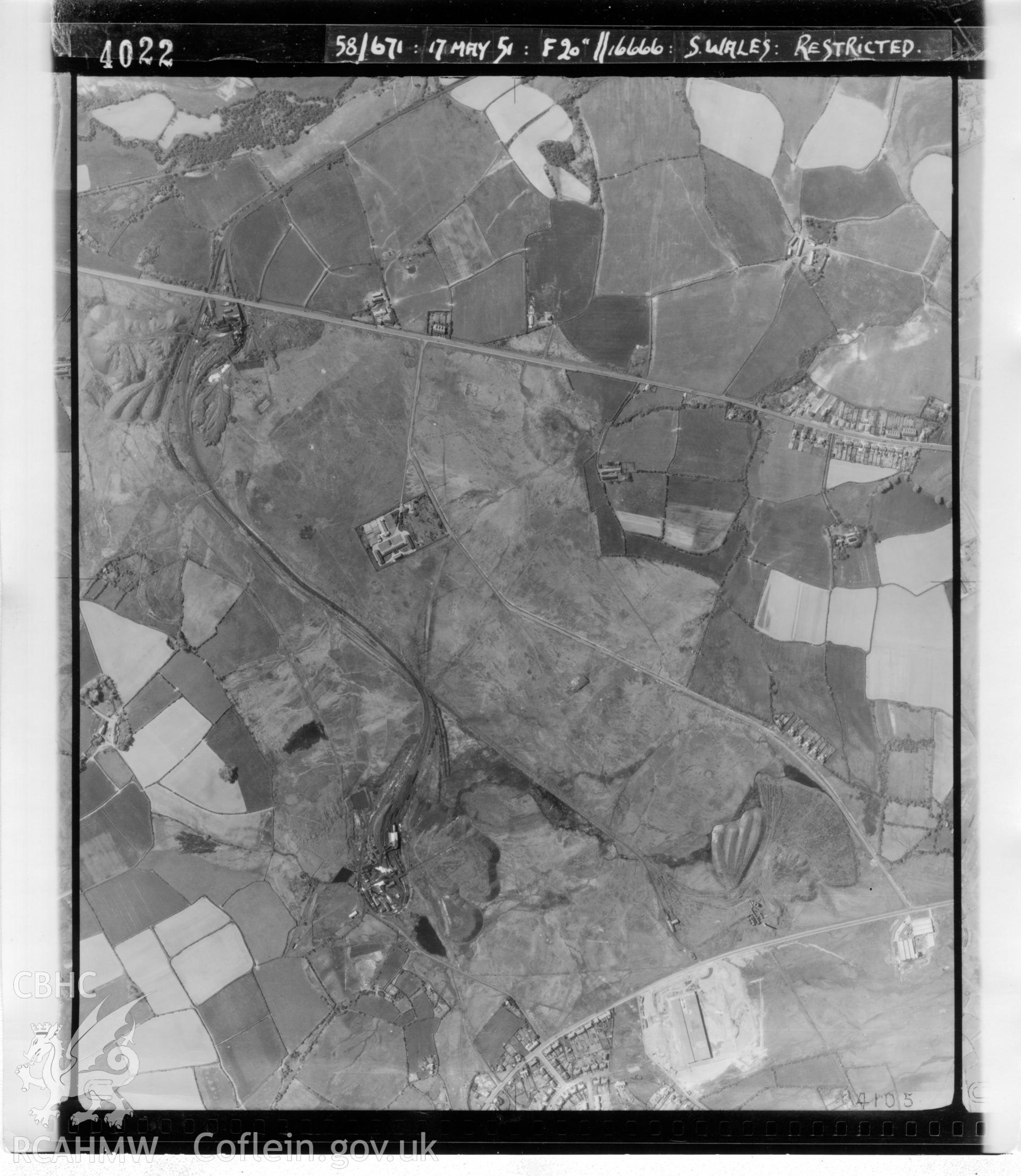 Black and white aerial photograph taken on 17th May 1951. Frame 4022. Part of material used in a Setting Impact Assessment of Land off Phoenix Way, Garngoch Business Village, Swansea, carried out by Archaeology Wales, 2018. Project number P2631.