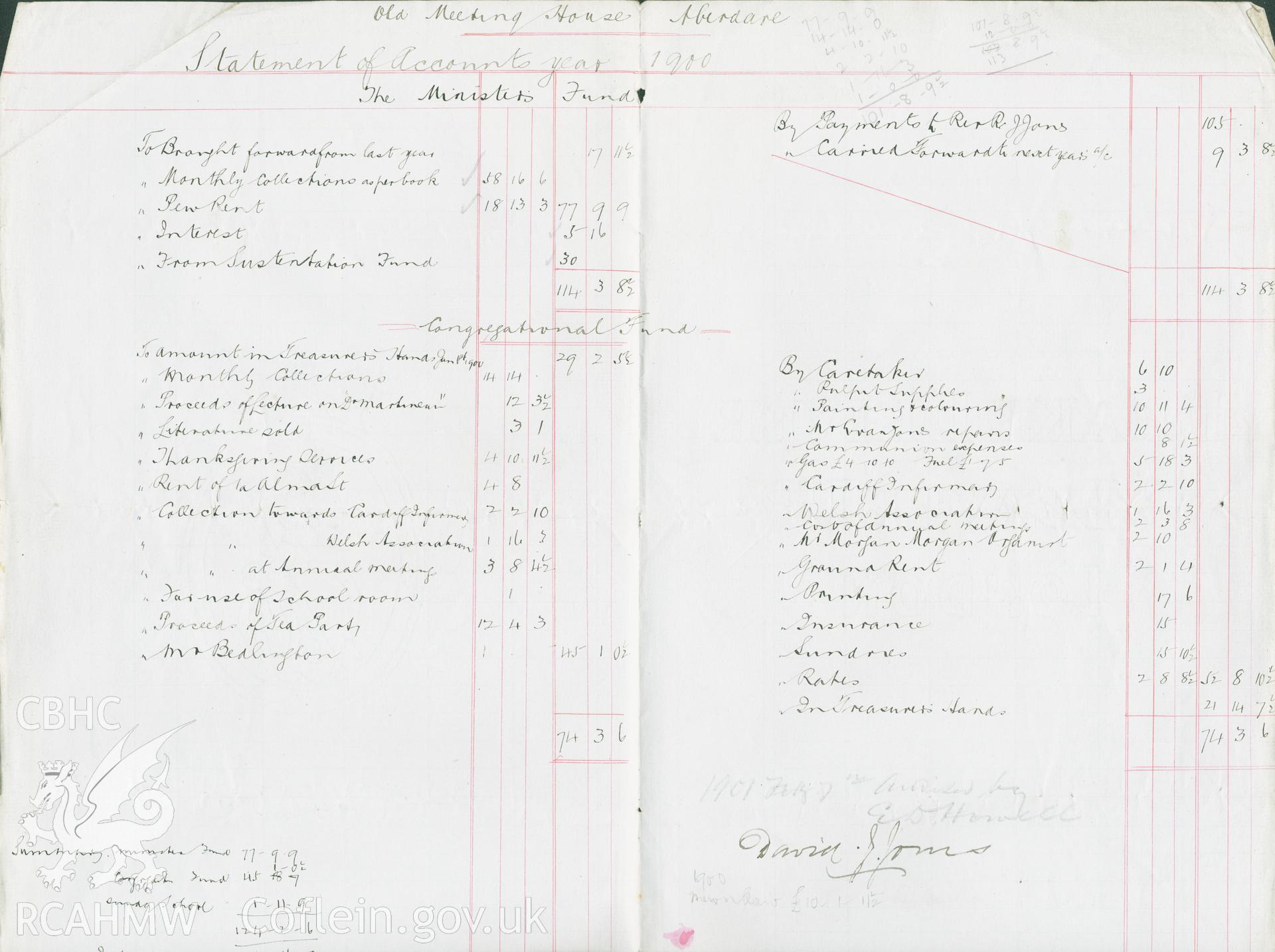 Handwritten statement of accounts for Hen Dy Cwrdd, 1900. Donated by the Rev. Eric Jones to the RCAHMW as part of the Digital Dissent Project.