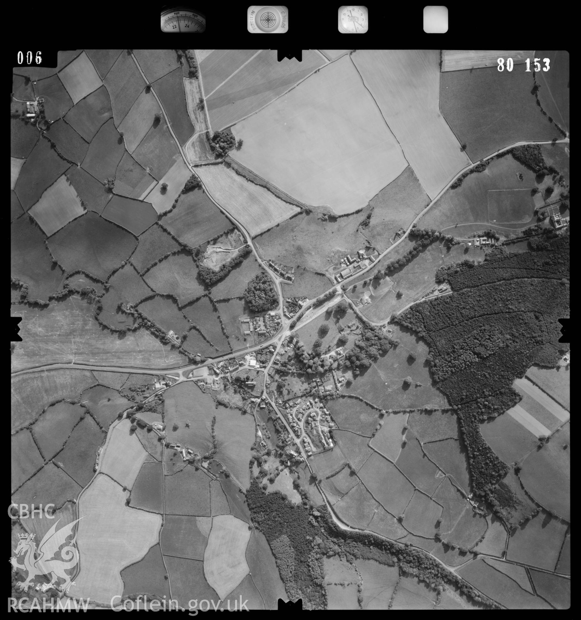 Digital copy of an aerial view of Clyro taken by Ordnance Survey, 1980.