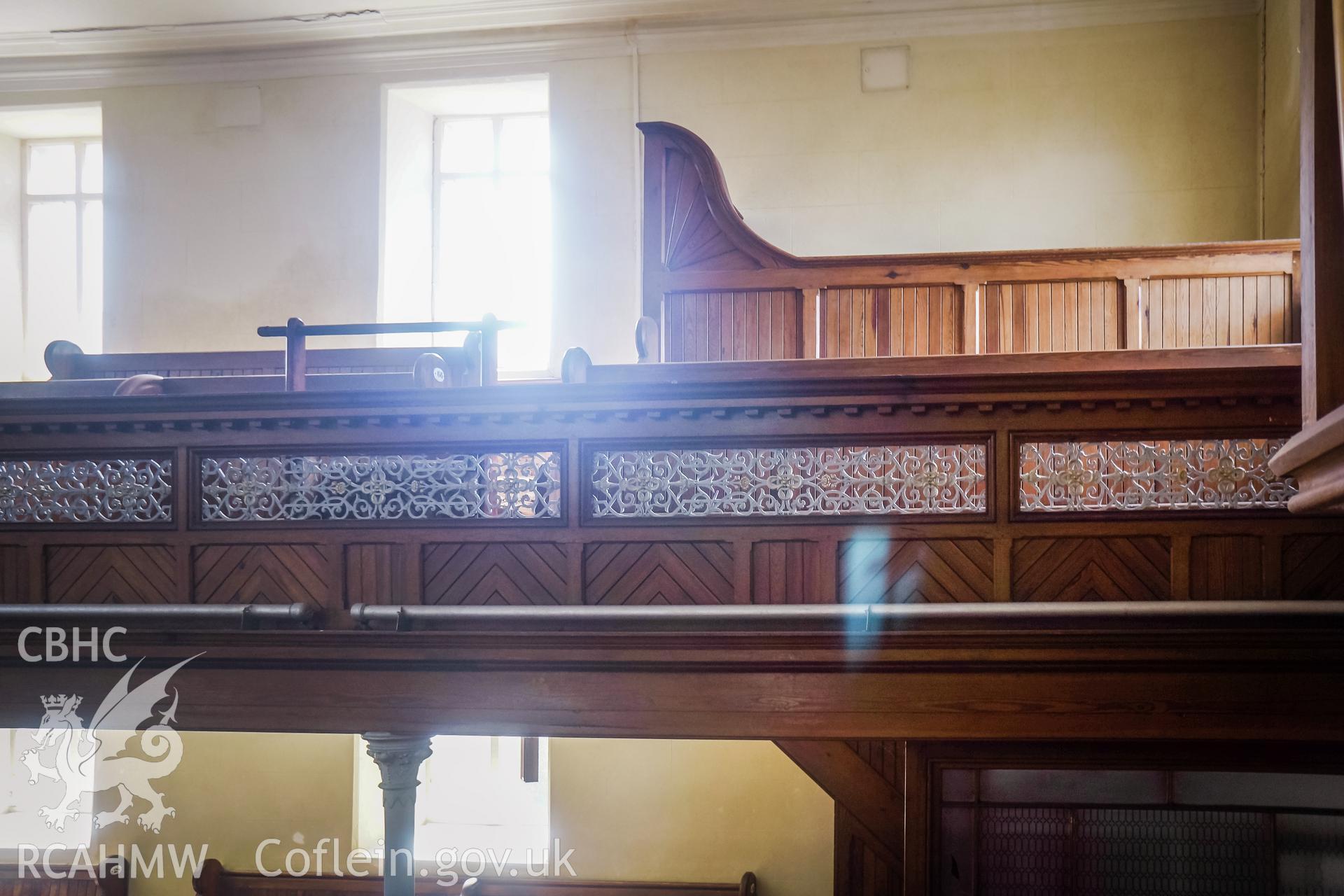 Digital colour photograph showing interior view of the first floor gallery at Pentower Chapel, Fishguard, dated 2019. Photographed by Grace Elliott to meet a condition attached to a planning application.