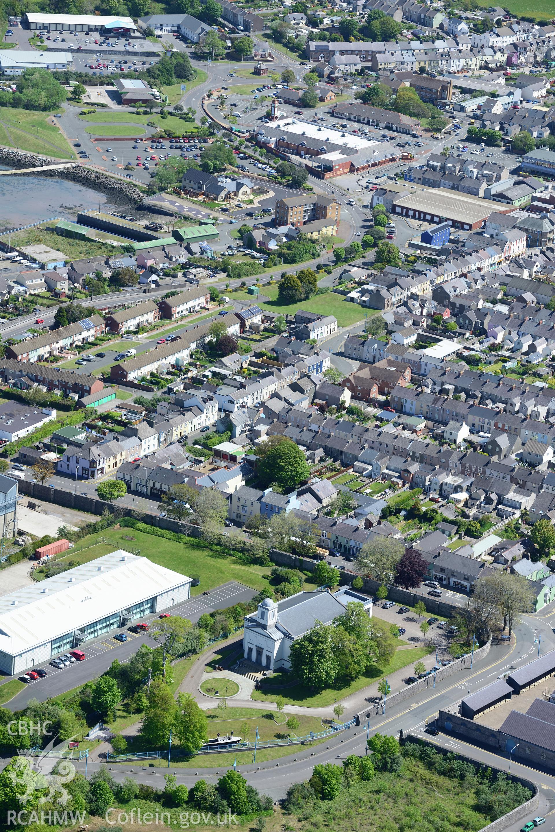 Garrison Chapel, Royal Dockyard, Pembroke Dock. Oblique aerial photograph taken during the Royal Commission's programme of archaeological aerial reconnaissance by Toby Driver on 13th May 2015.