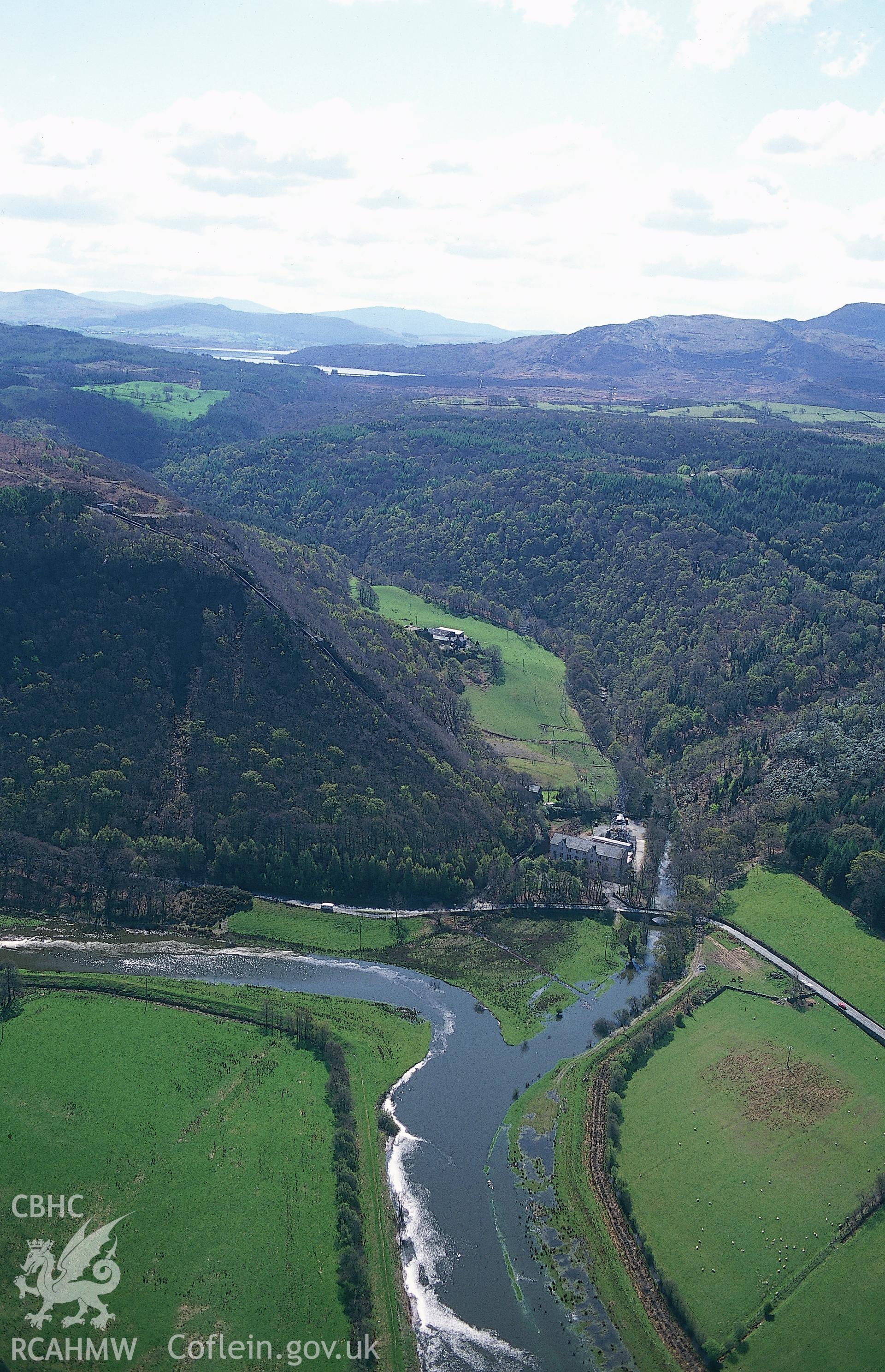 RCAHMW colour slide oblique aerial photograph of Maentwrog Hydro Electric, Maentwrog, taken by C.R.Musson on the 05/05/1996