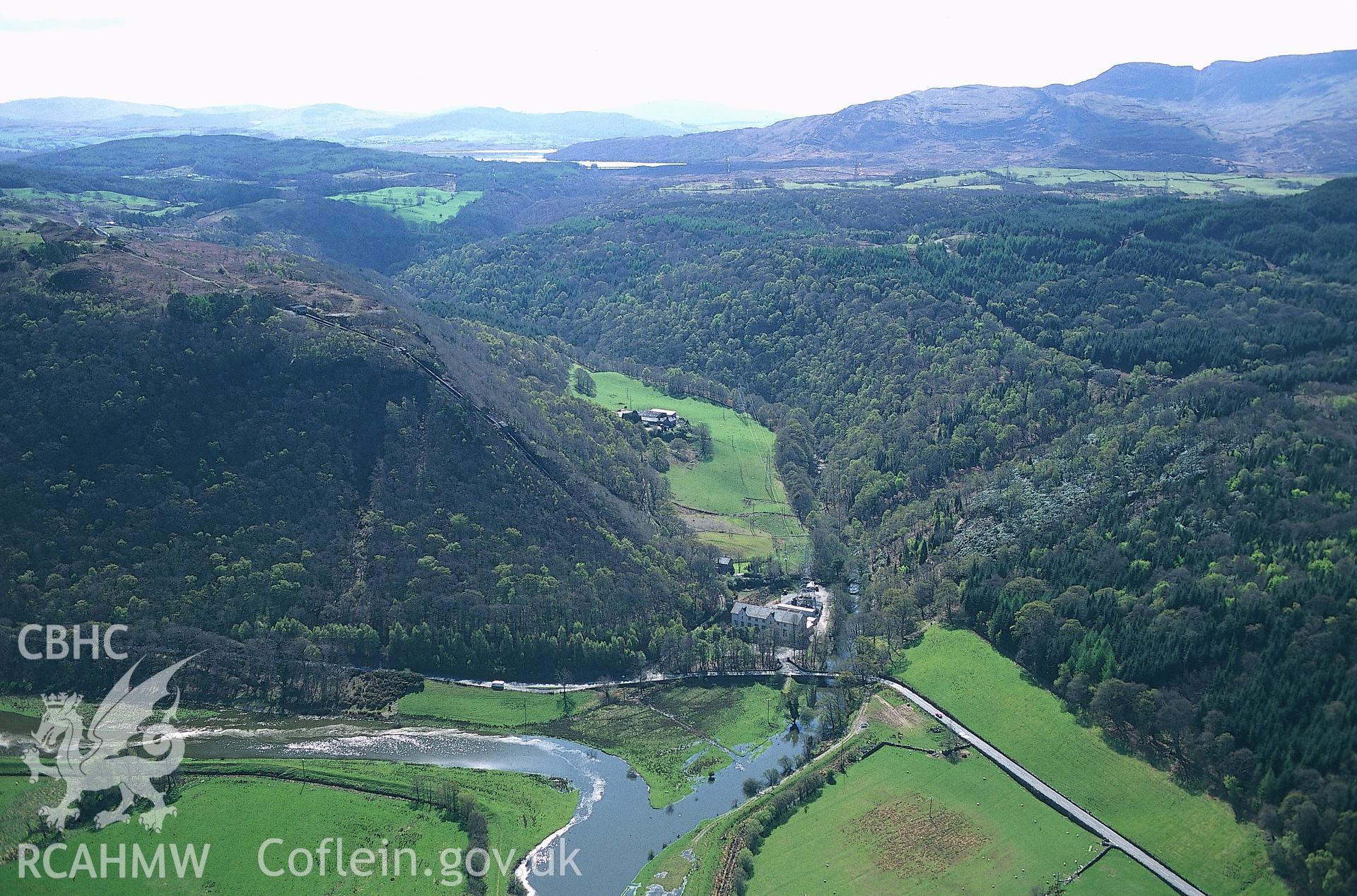 RCAHMW colour slide oblique aerial photograph of Maentwrog Hydro Electric, Maentwrog, taken by C.R.Musson on the 05/05/1996