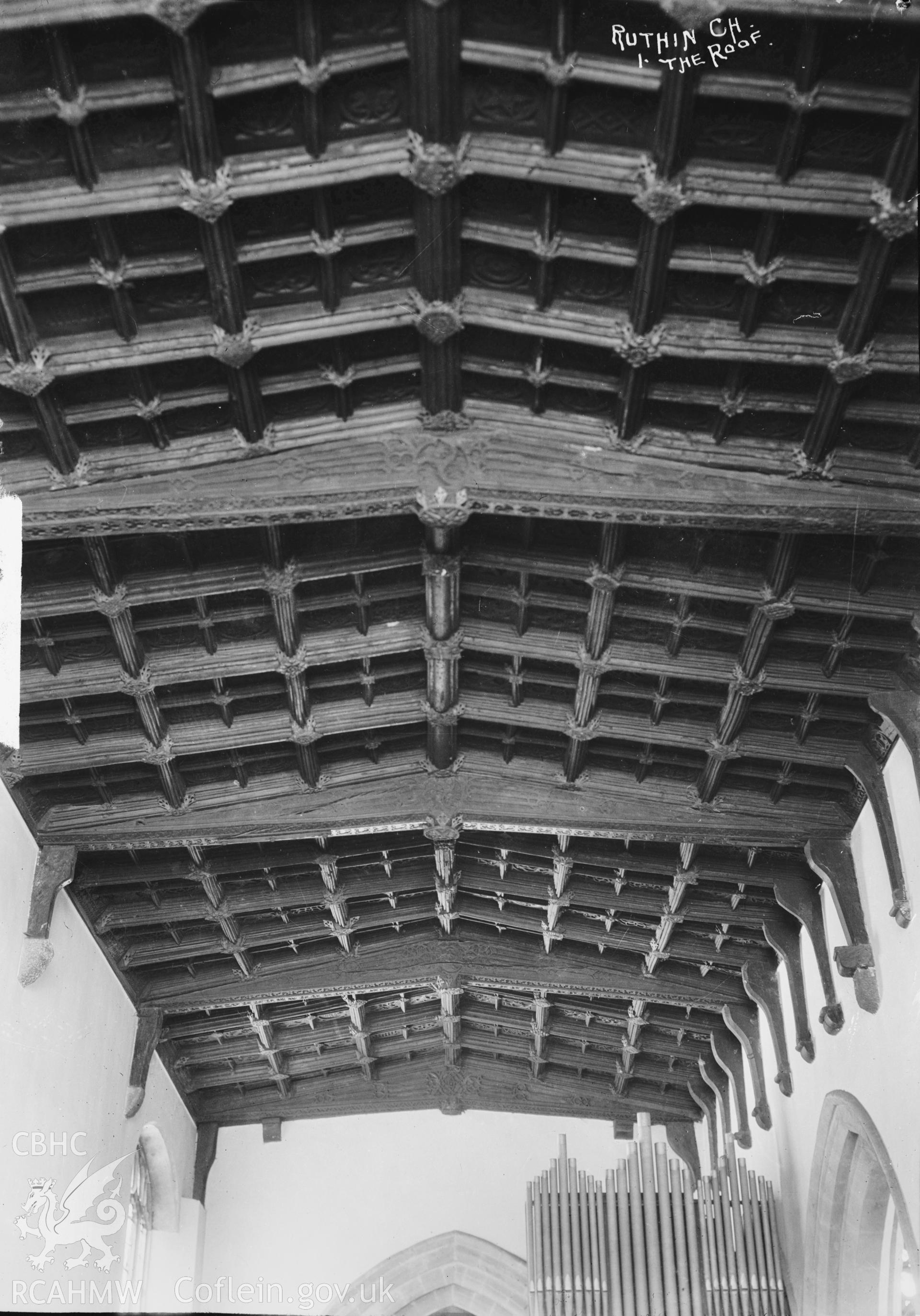 One black and white photograph of  St Peter's Church, Ruthin, showing view of roof.