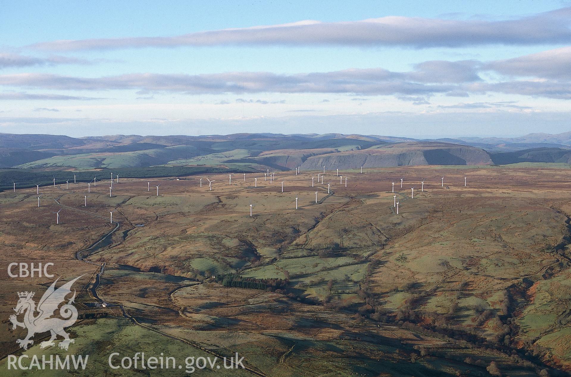 RCAHMW colour slide oblique aerial photograph of Carno Wind Farm, Trannon, Llanbrynmair, taken on 20/12/1998 by CR Musson