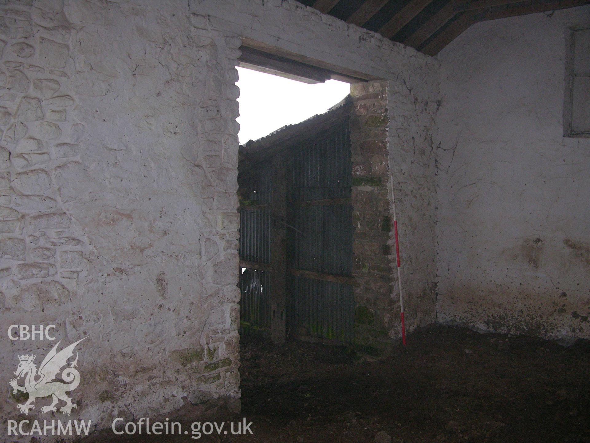 Digital photograph of an interior barn wall, from an Archaeological Building Recording of Hillside Barn, Llanvaches, Monmouthshire, which was conducted by Cambrian Archaeological Projects.