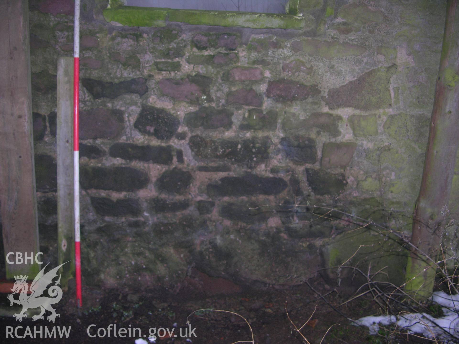 Digital photograph detailing a section of an interior wall, from an Archaeological Building Recording of Hillside Barn, Llanvaches, Monmouthshire, which was conducted by Cambrian Archaeological Projects.