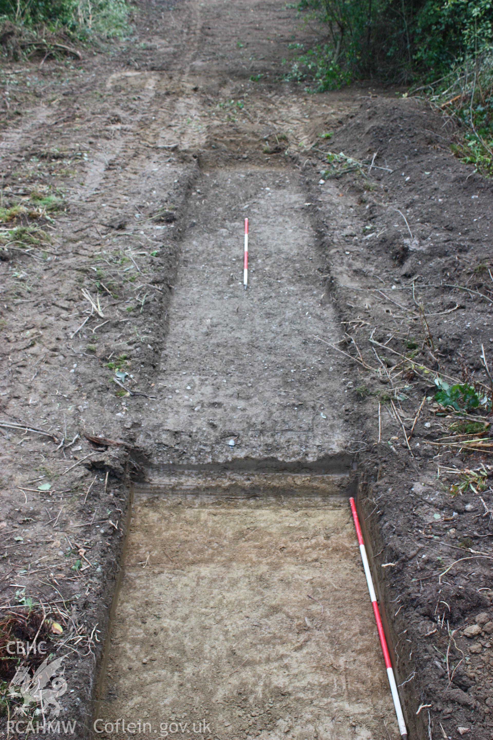 Digital photograph showing road [001] with roadside ditch [008] and charcoal-filled pit [010] in the foreground - part of archaeological field evaluation at Trawscoed Mansion, Trawscoed, produced by Cambrian Archaeological Projects Ltd.