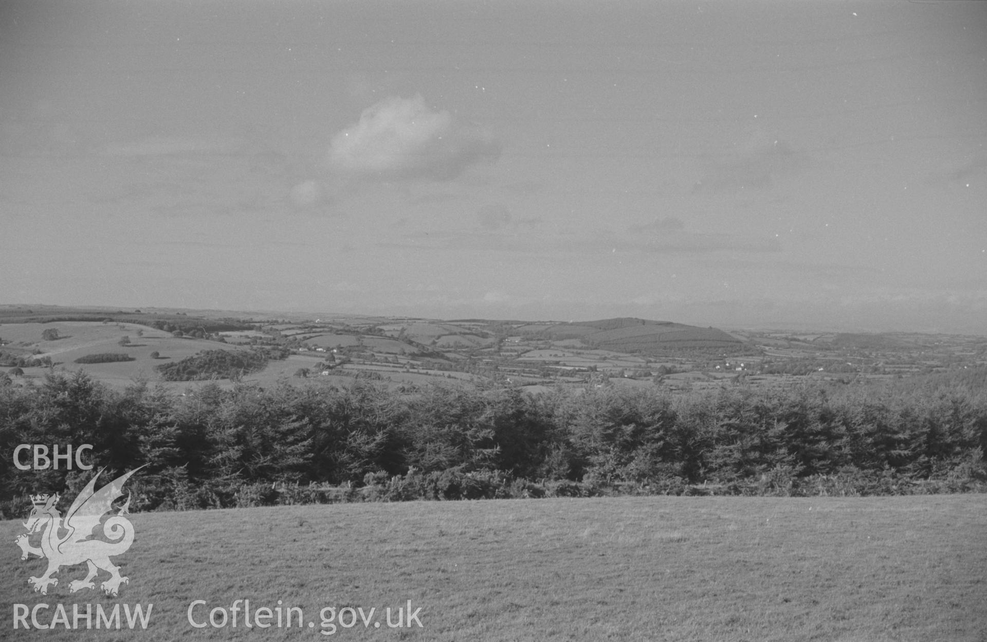 Digital copy of black & white negative from east ramparts of Castell Allt-Goch, showing Derry Ormond monument, Dulas Valley, Castell Goetre, Clywedog Valley, Ffrwd Cynon Valley and Cellan. Photographs by Arthur Chater on 4/9/1966. Panorama, 2 of 7 photos.