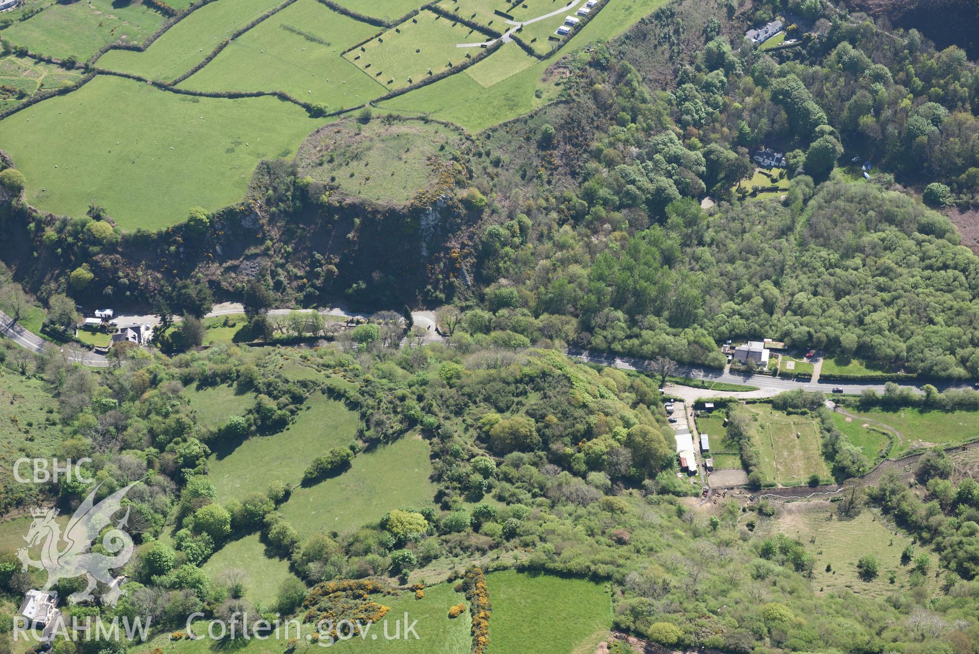 Aerial photography of nant Castell and Pen y Gaer taken on 3rd May 2017.  Baseline aerial reconnaissance survey for the CHERISH Project. ? Crown: CHERISH PROJECT 2017. Produced with EU funds through the Ireland Wales Co-operation Programme 2014-2020. All