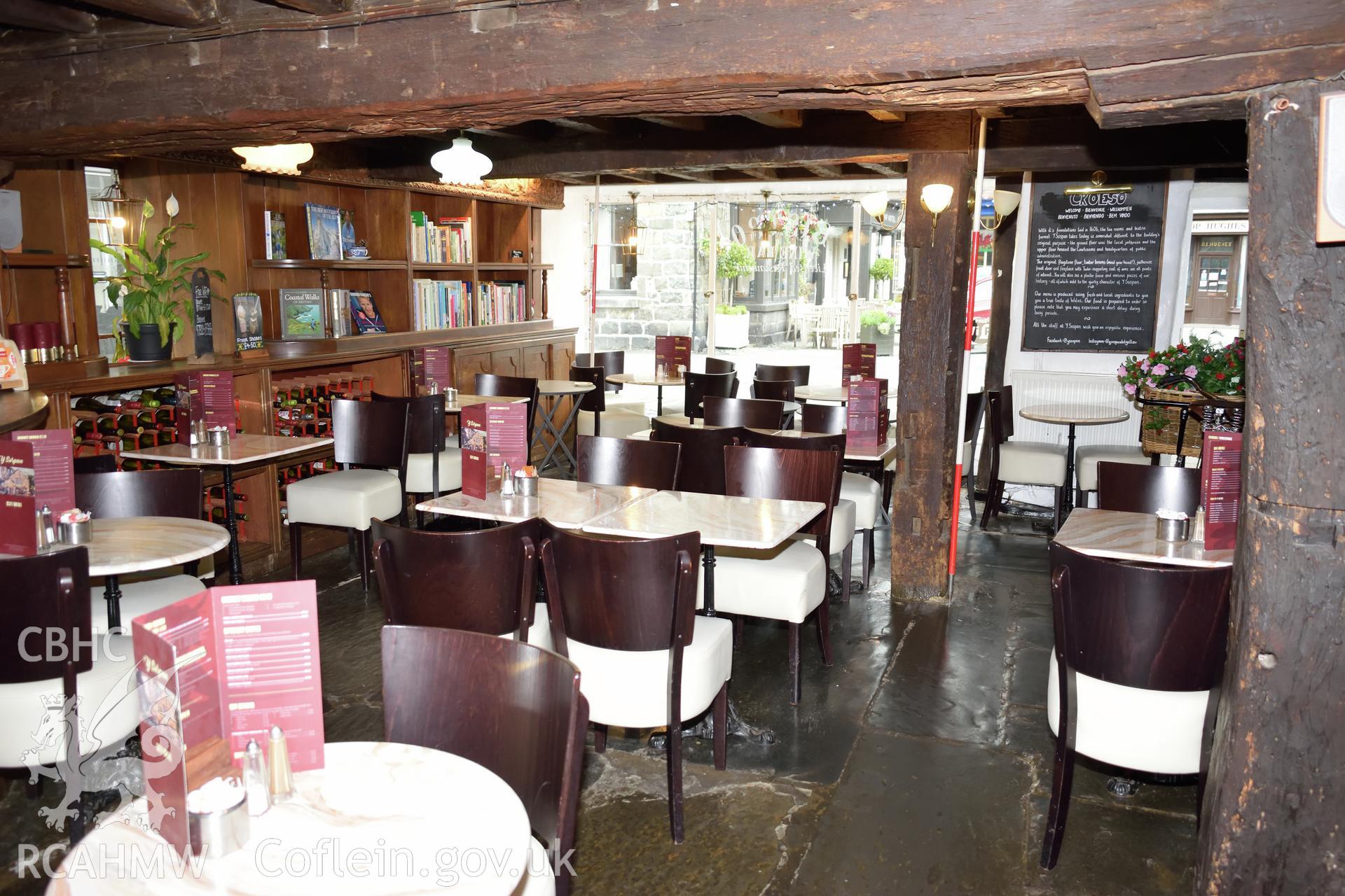 Colour photograph showing view looking north east at the tearoom in Y Sospan, Llys Owain, Dolgellau. Photographed by I. P. Brookes of Engineering Archaeological Services, June 2019.