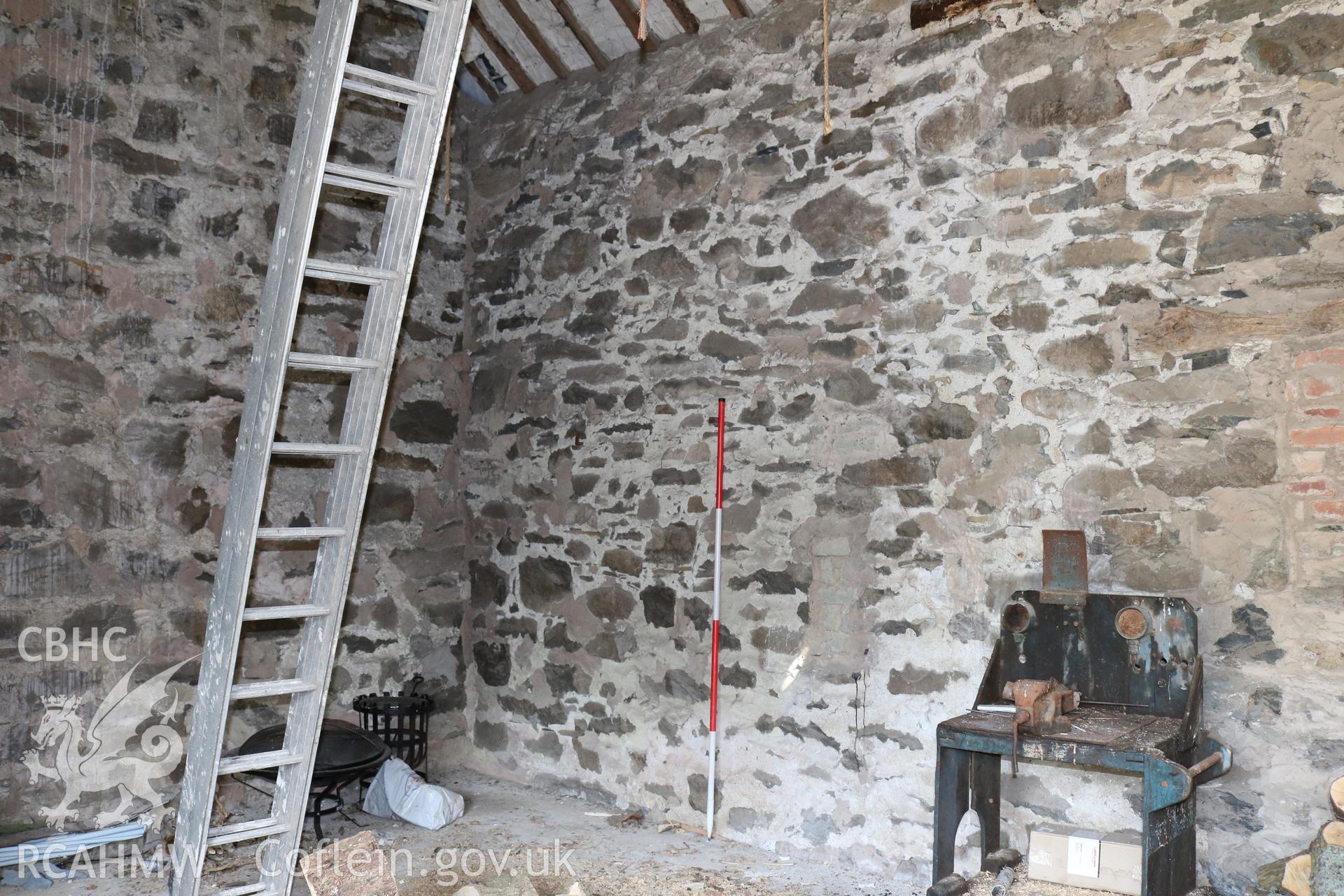 Photograph showing interior view of barn and cottage ground floor at Maes yr Hendre, taken by Dr Marian Gwyn, 6th July 2016. (Original Reference no. 0110)