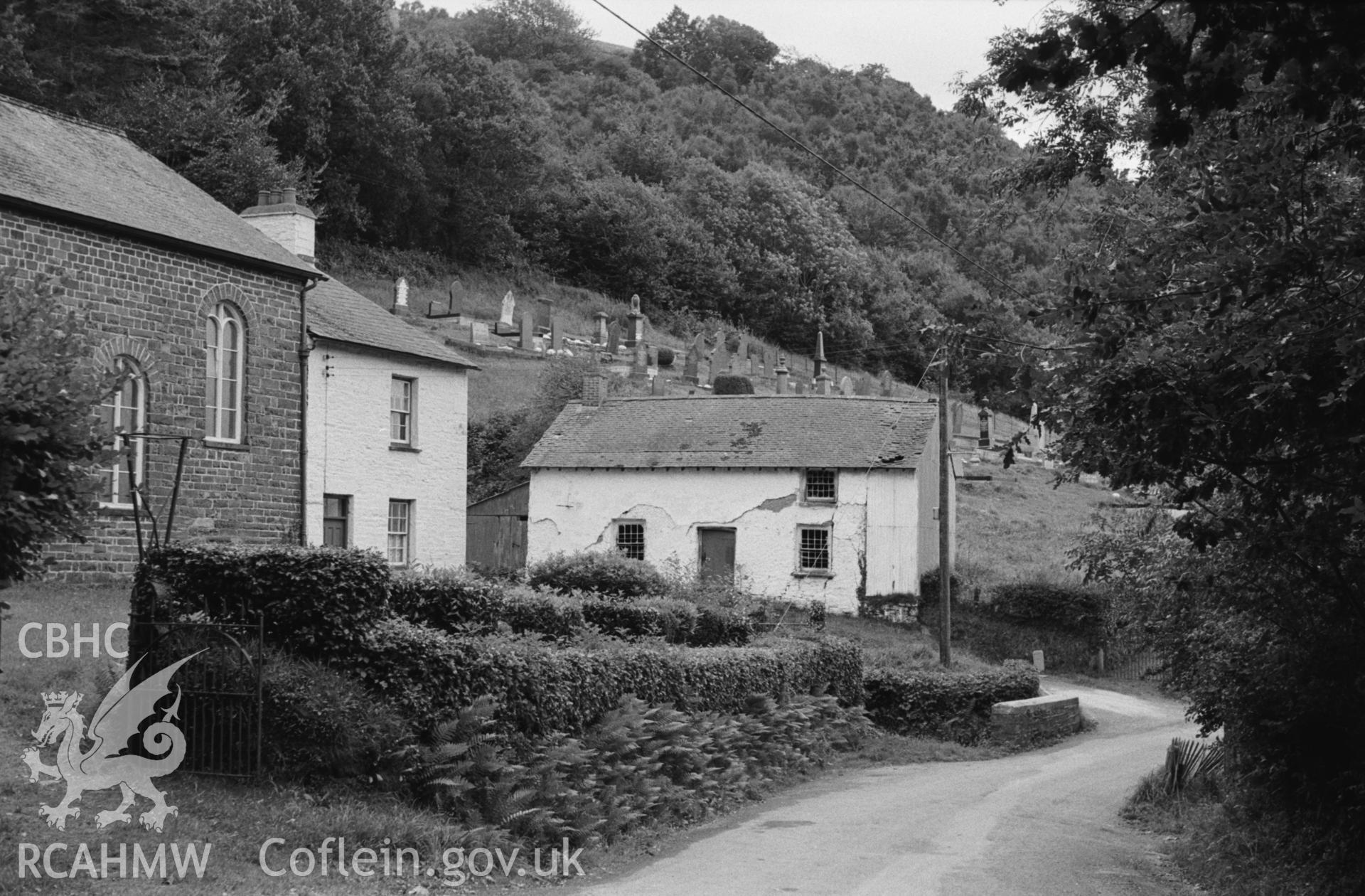 Digital copy of a black and white negative showing exterior view of Capel Iaf and old partly mud-walled cottage, Abermeurig. Photographed by Arthur O. Chater in September 1964 from Grid Reference SN 5646 5628, looking south south west.