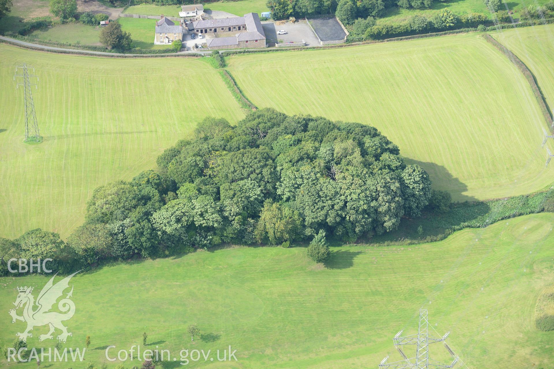 Bryn-y-Cwm motte, near Flint. Oblique aerial photograph taken during the Royal Commission's programme of archaeological aerial reconnaissance by Toby Driver on 11th September 2015.