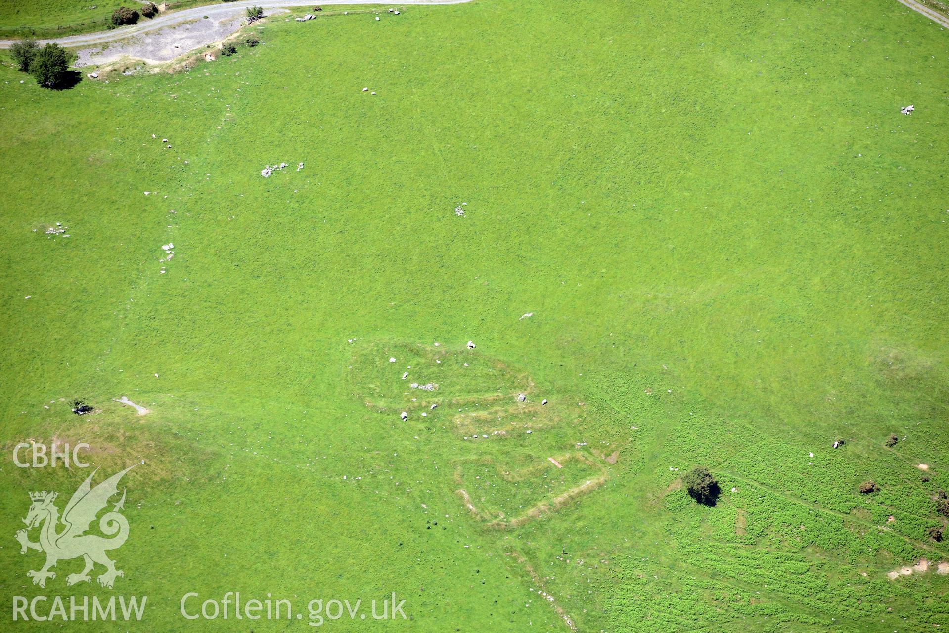 The deserted Penlandoppa farmstead, Troed y Rhiw, east of Pontrhydfendigaid on the edge of the Cambrian Mountains. Oblique aerial photograph taken during the Royal Commission's programme of archaeological aerial reconnaissance by Toby Driver on 30th June 2015.