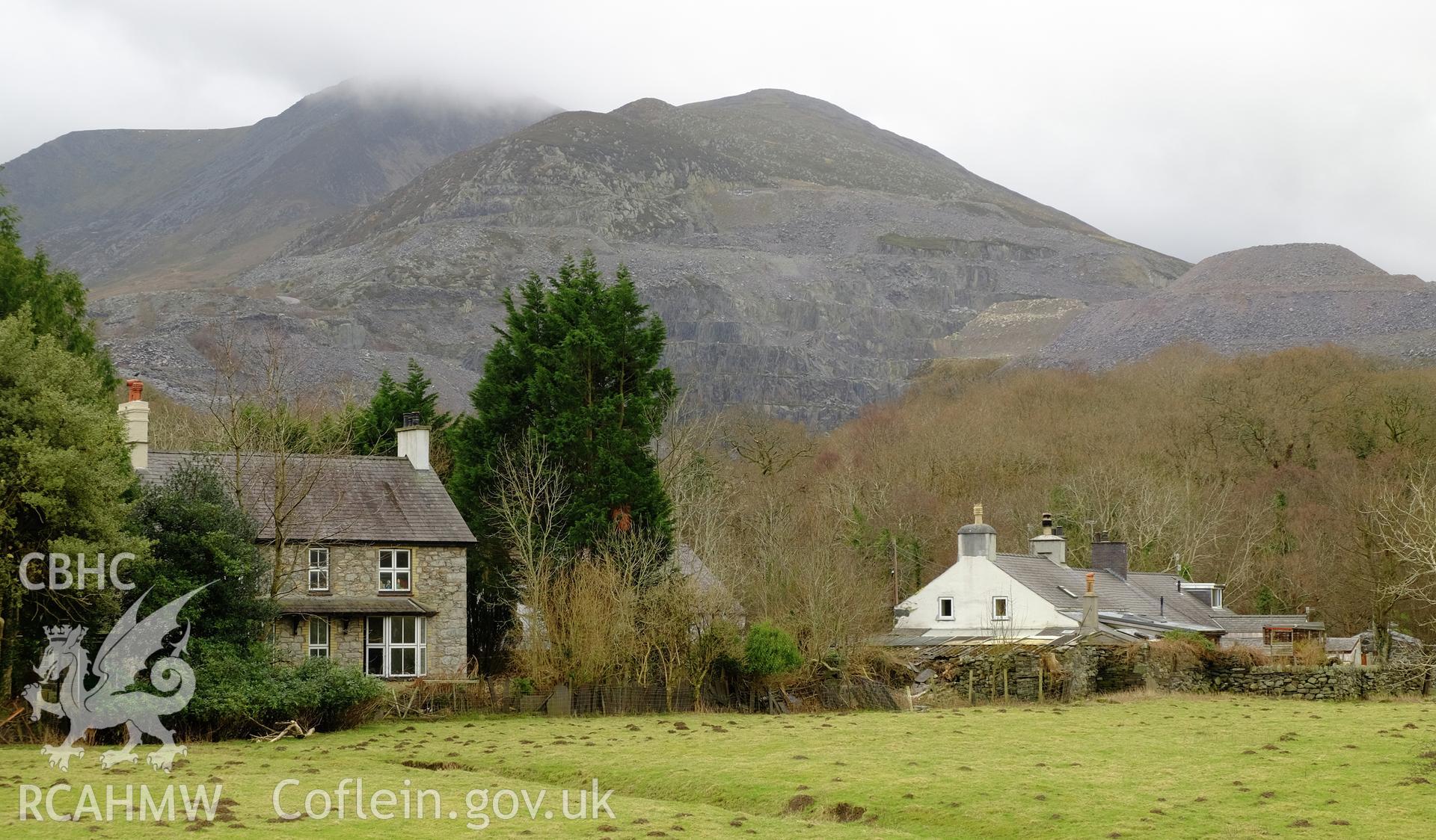 Colour photograph showing view looking south at Ty'n Twr, Bethesda, produced by Richard Hayman 16th February 2017